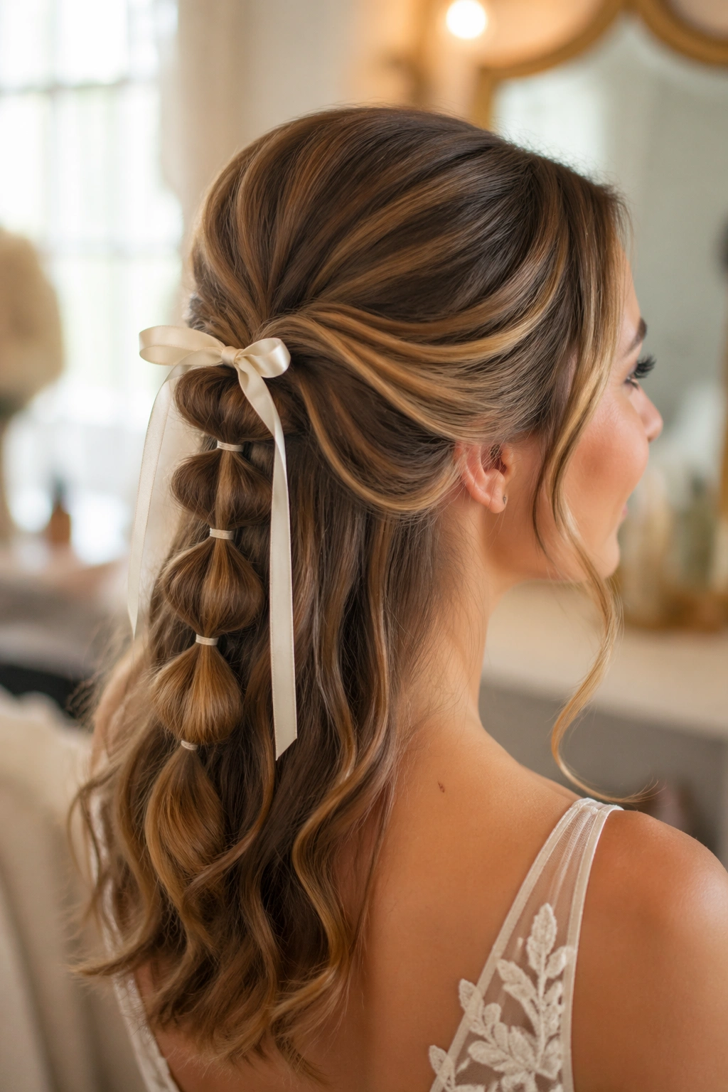 Close-up of a real bride with bubble sections in a half-up hairstyle and satin ribbon