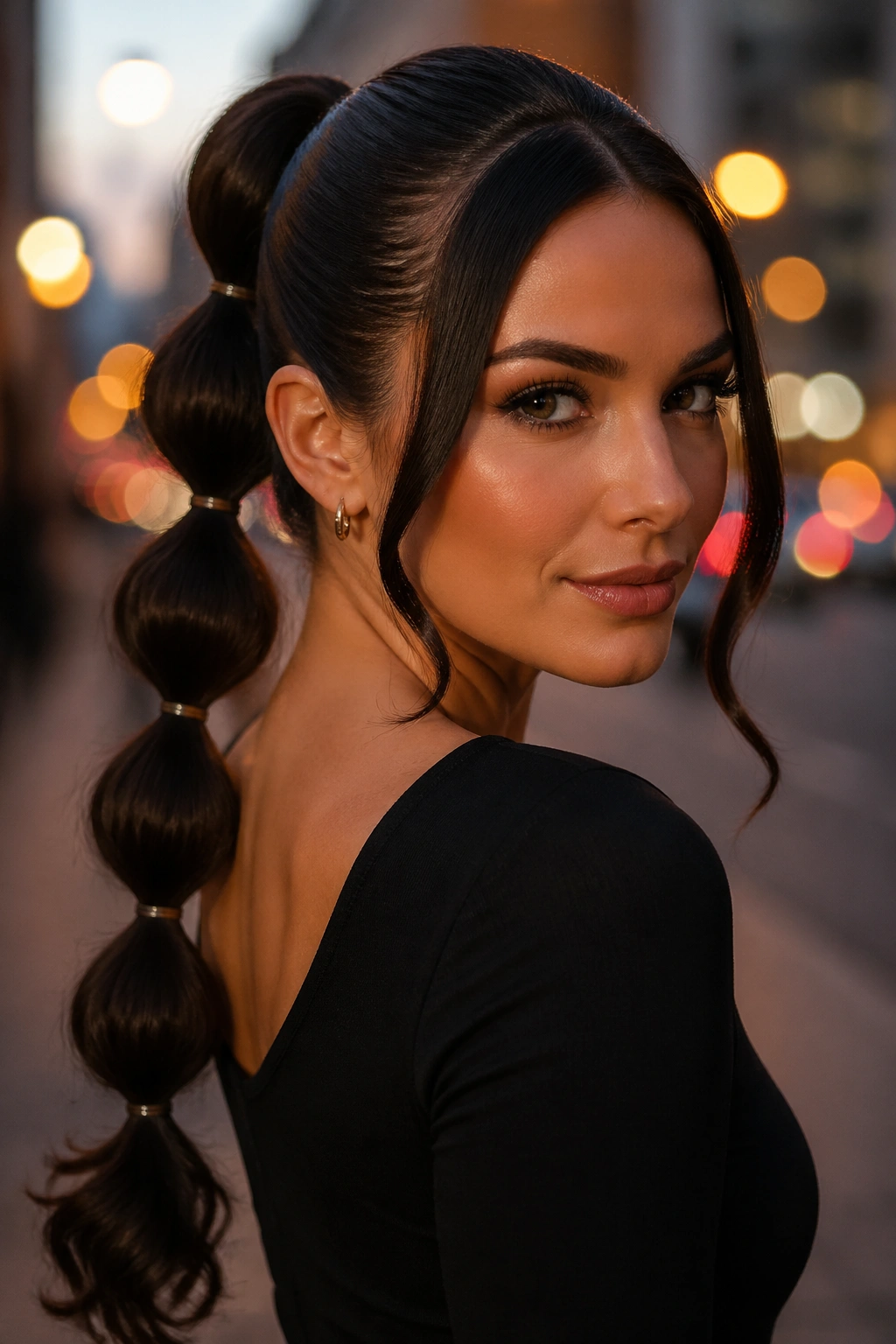 Real woman with bubble segmented double swoop ponytail