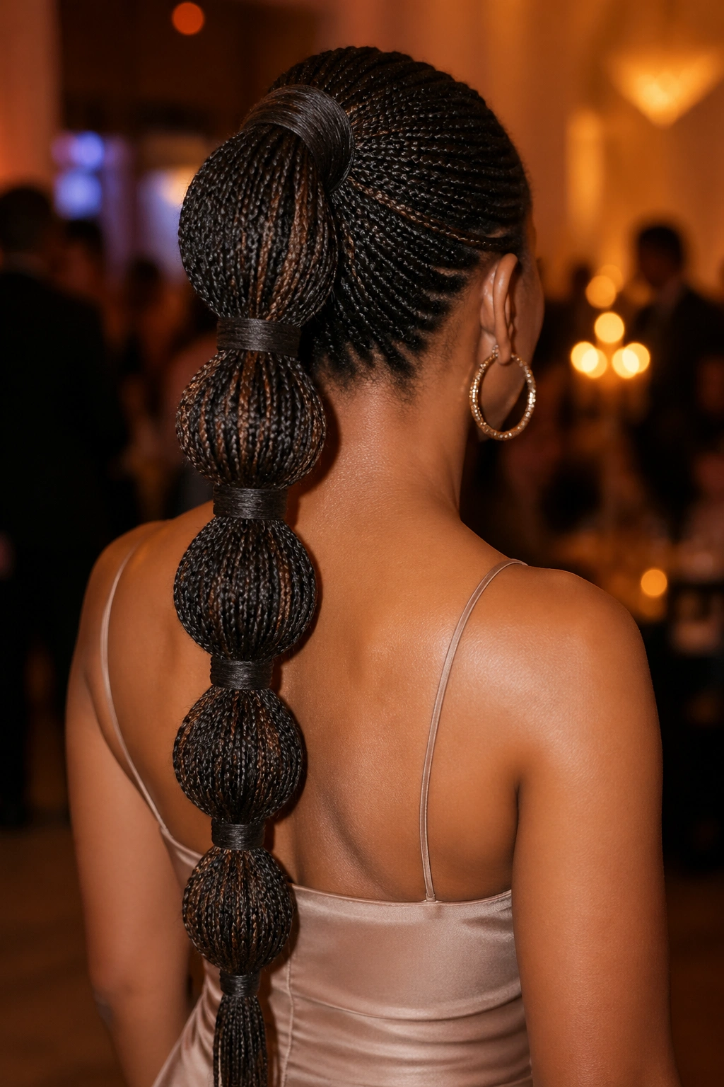 Back-of-head view of a real person with a bubble-and-wrap hybrid ponytail on box braids