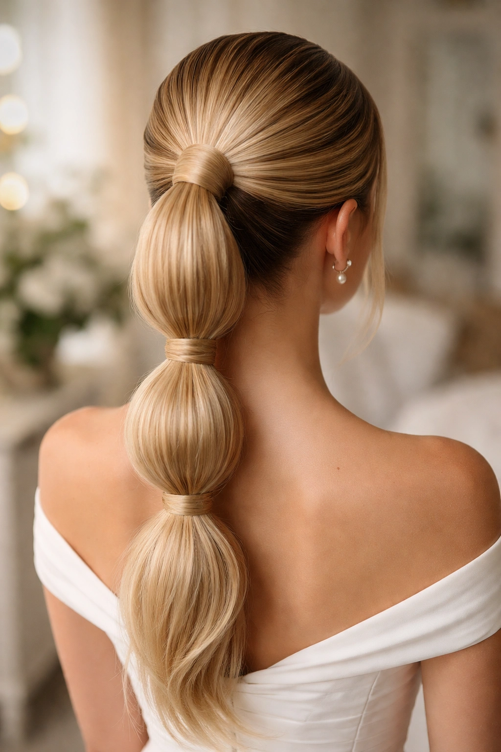 Rear view of a real woman wearing a bubble-and-wrap hybrid ponytail