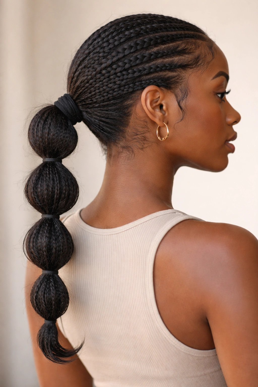 Bubbled low knotless braid ponytail with bubble sections along length