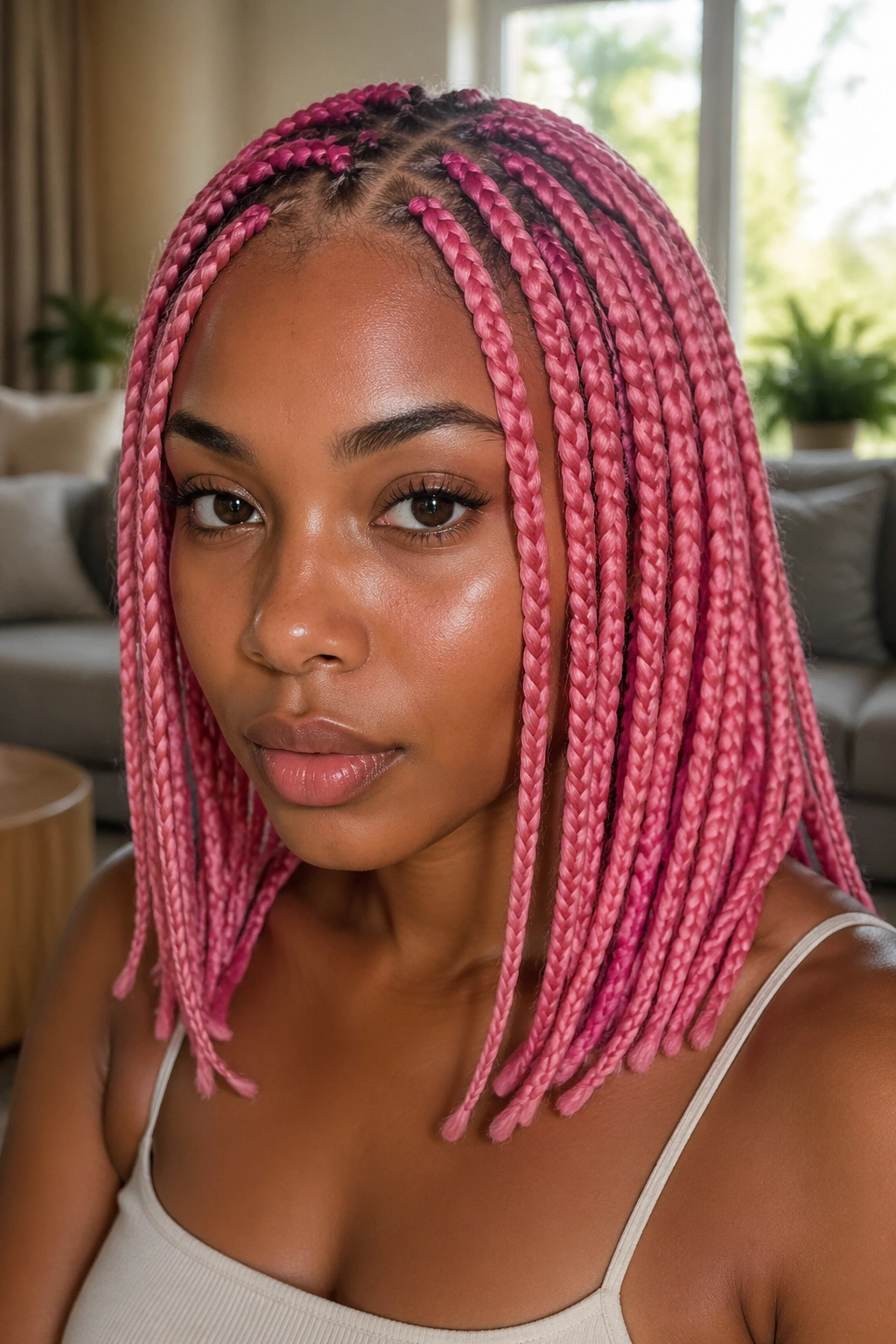 Close-up portrait of a real woman with bubblegum pink box braids in medium sections.