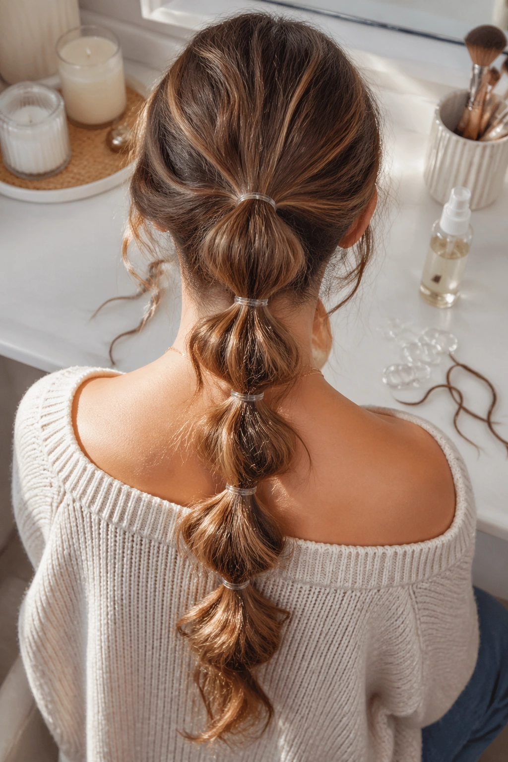 Overhead flat-lay showing bubble ponytail components and elastics.