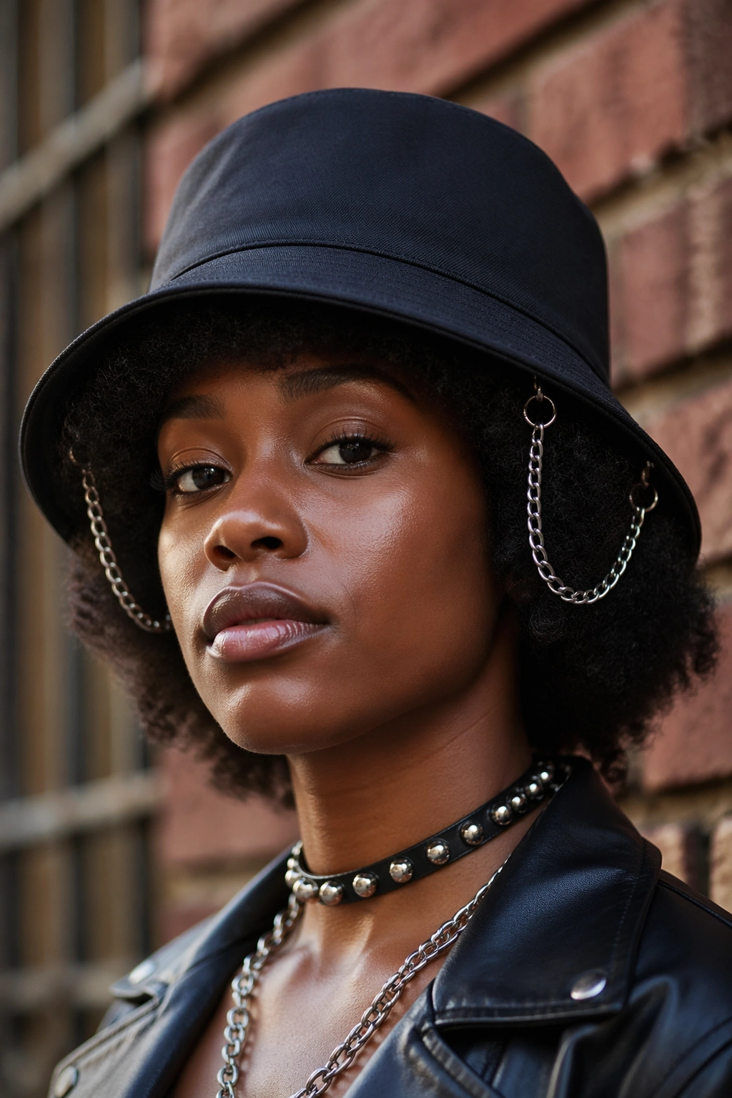 Close-up of a real person wearing a bucket hat with a chain under the brim and an afro on an urban street