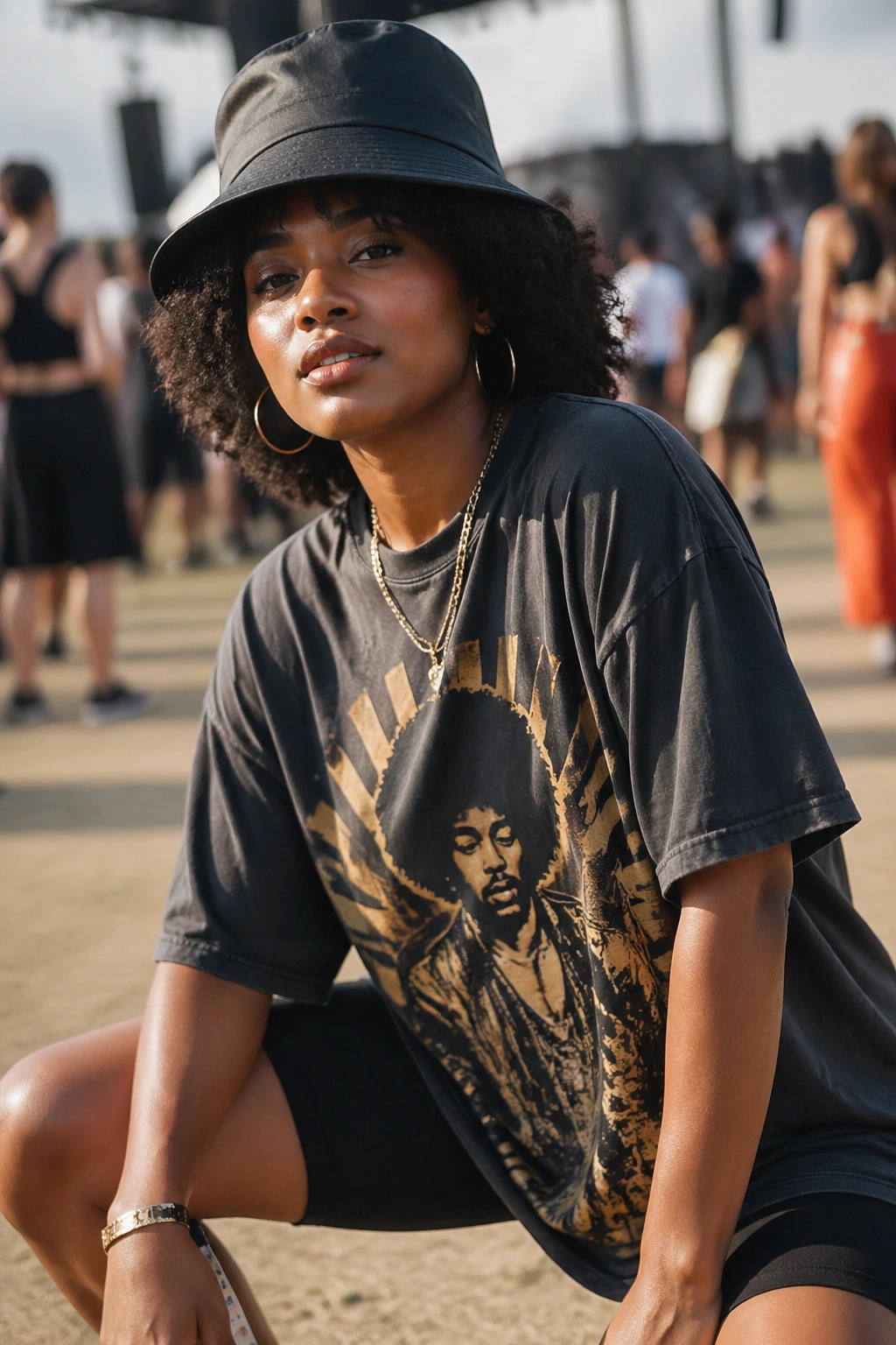 Portrait of a person in an oversized tee, bucket hat, and biker shorts at a festival