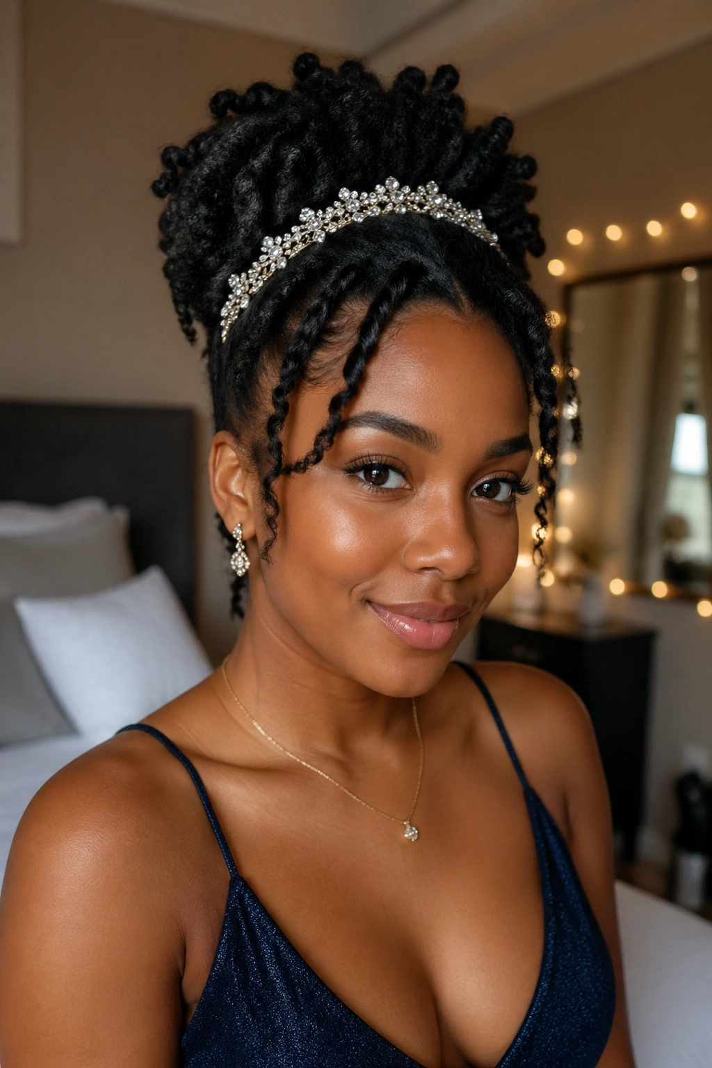 Close-up of a woman with twist-out and jeweled headband in a cozy bedroom