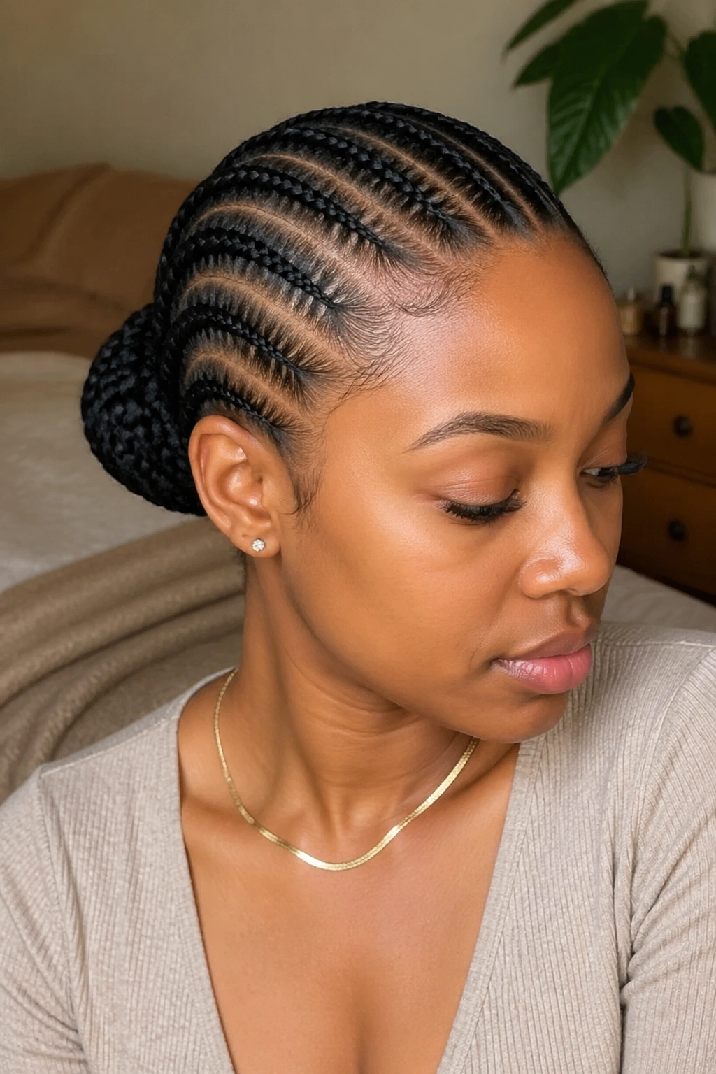 Cornrowed straight backs tucked into a bun at the back on a real person