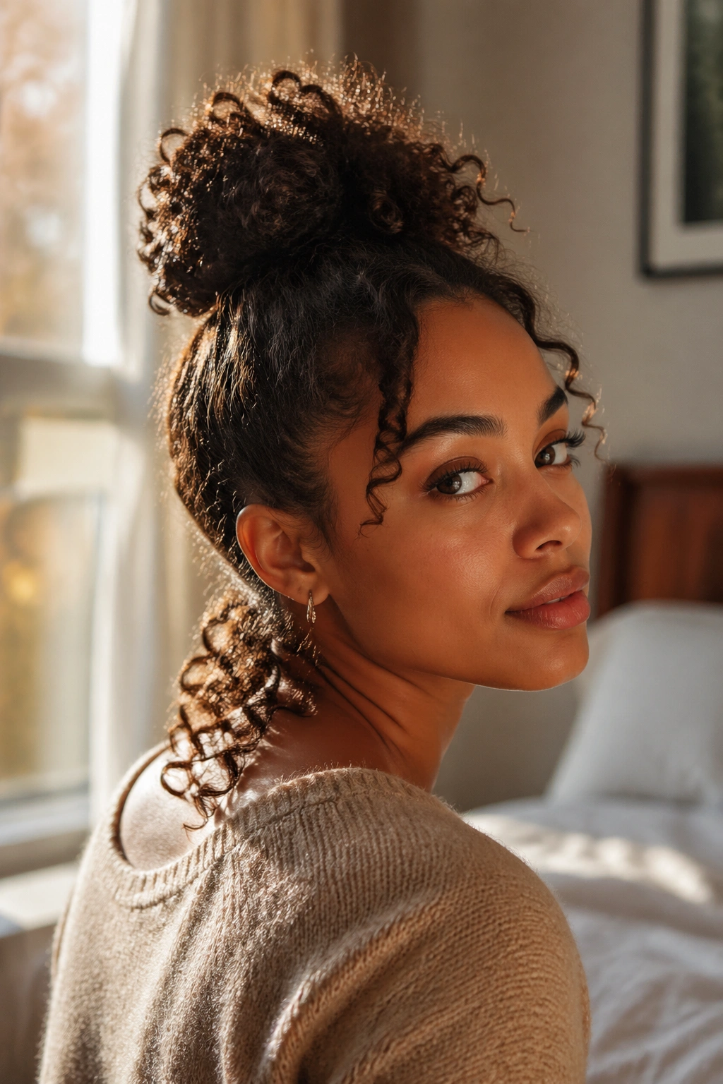 Close-up of bun with loose curls at the nape on a real woman in a softly lit autumn bedroom