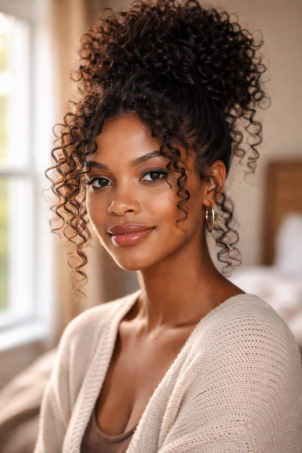 Close-up portrait of a real woman with a bun and curls hanging down around her face