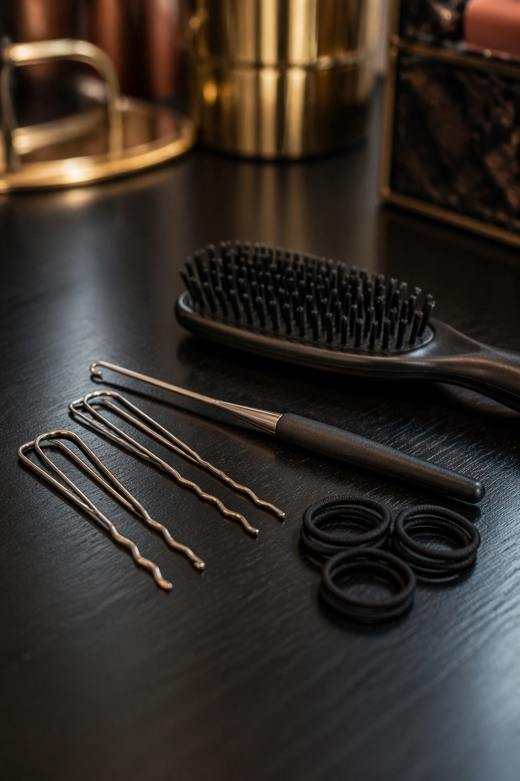 U-shaped pins crochet hook and brush arranged for bun finish