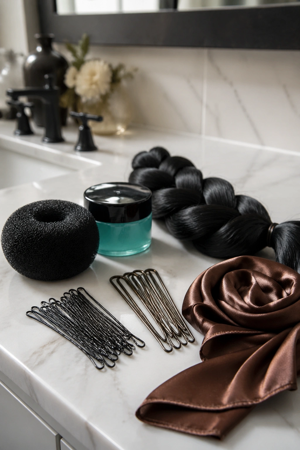 Close-up of bun-form, pins, gel, extensions, and scarf arranged for bun prep