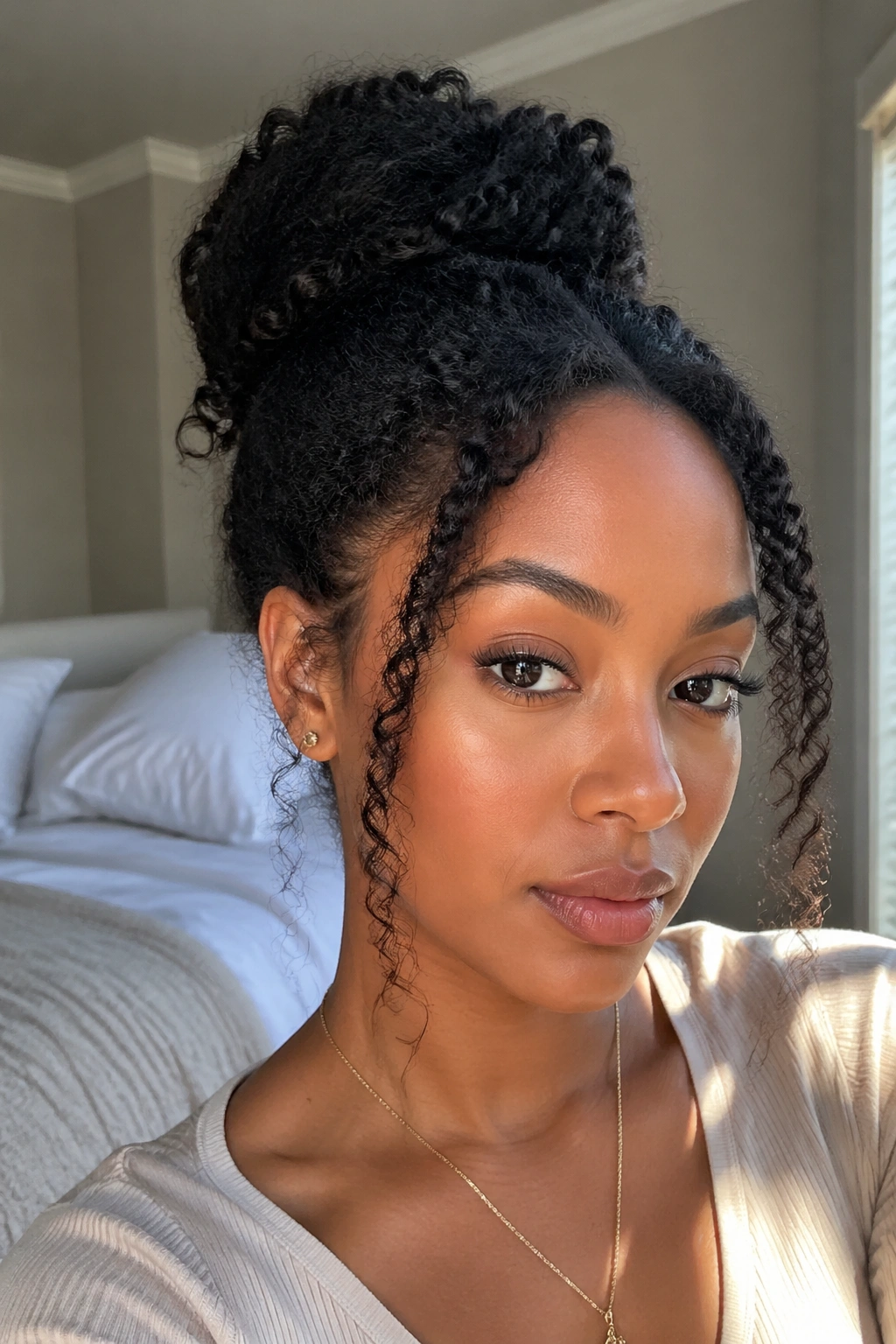 Close-up portrait of a real woman with a crown bun and face-framing loose front pieces