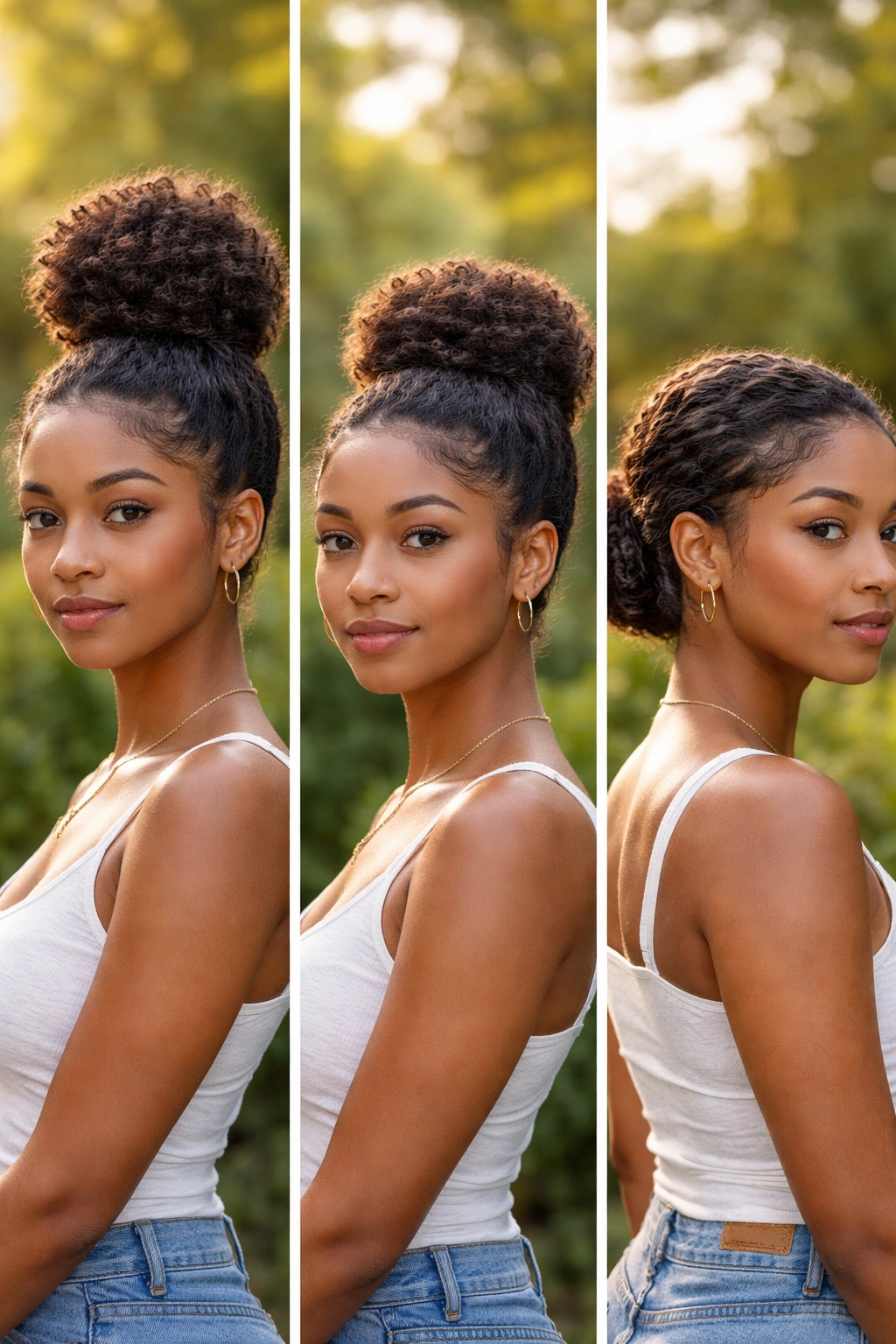 Portrait of a person with three buns at high, mid, and low positions on the head