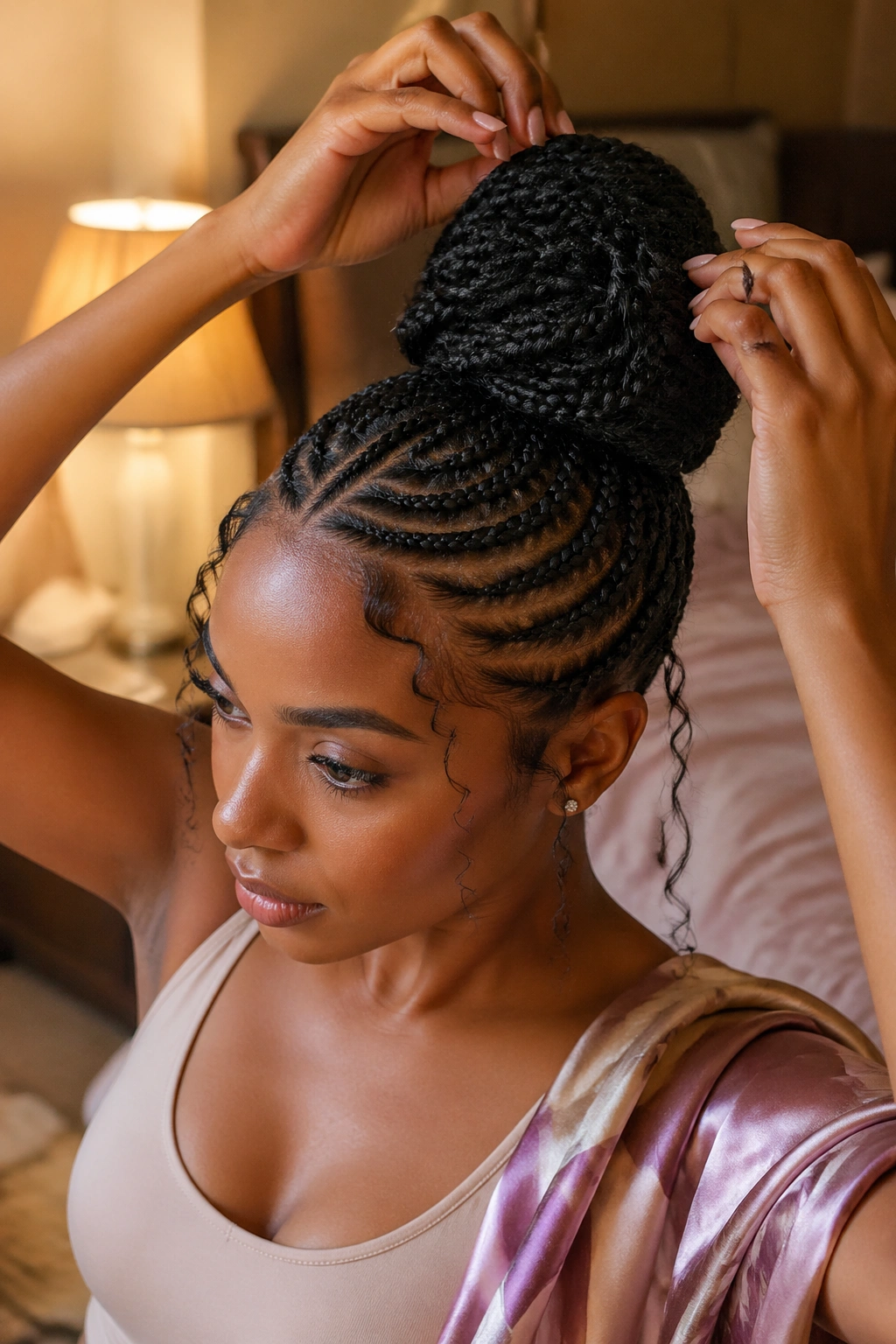 Close-up of a woman maintaining her goddess bun, with a scarf nearby.