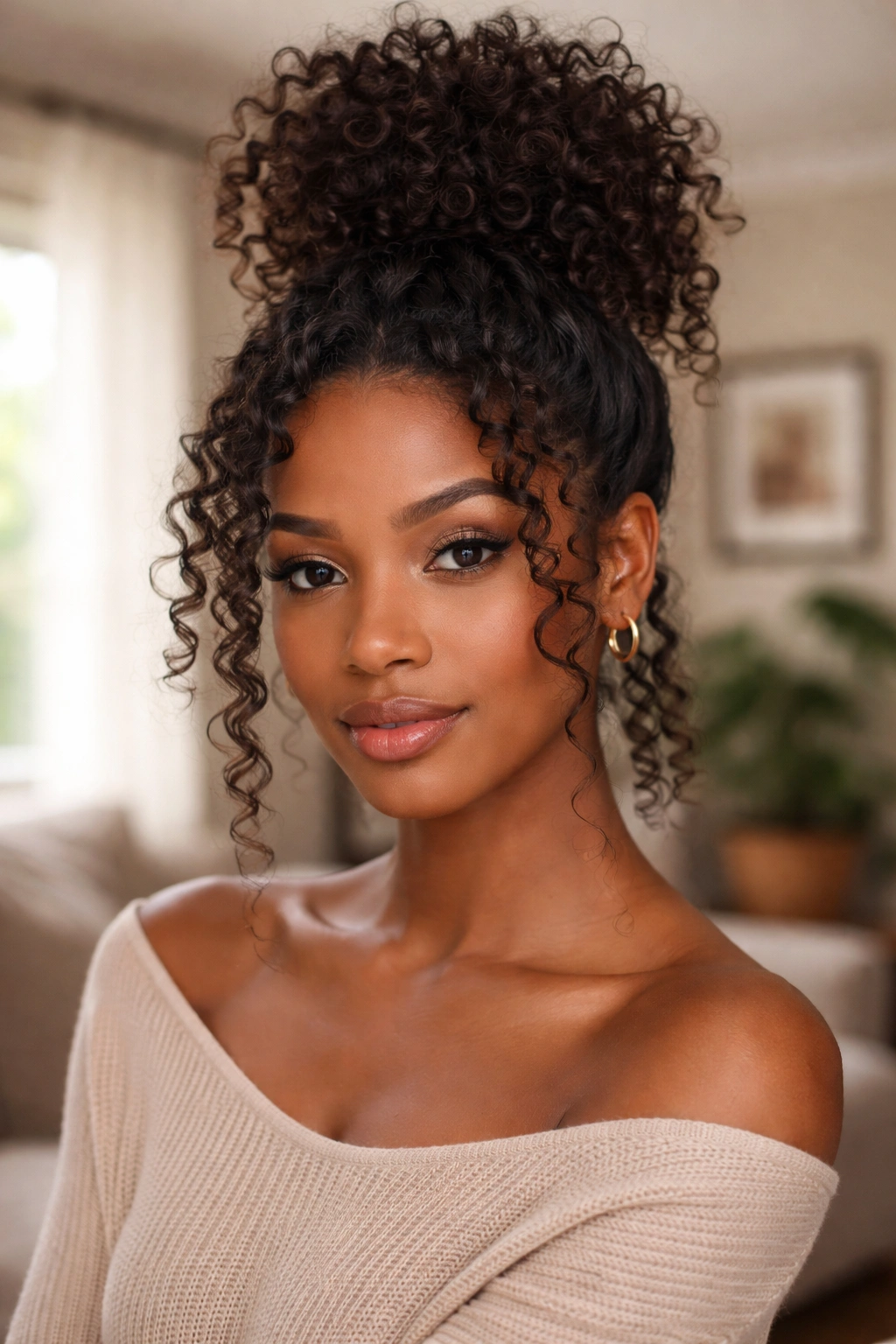 Portrait of a real woman with a high bun and face-framing curls