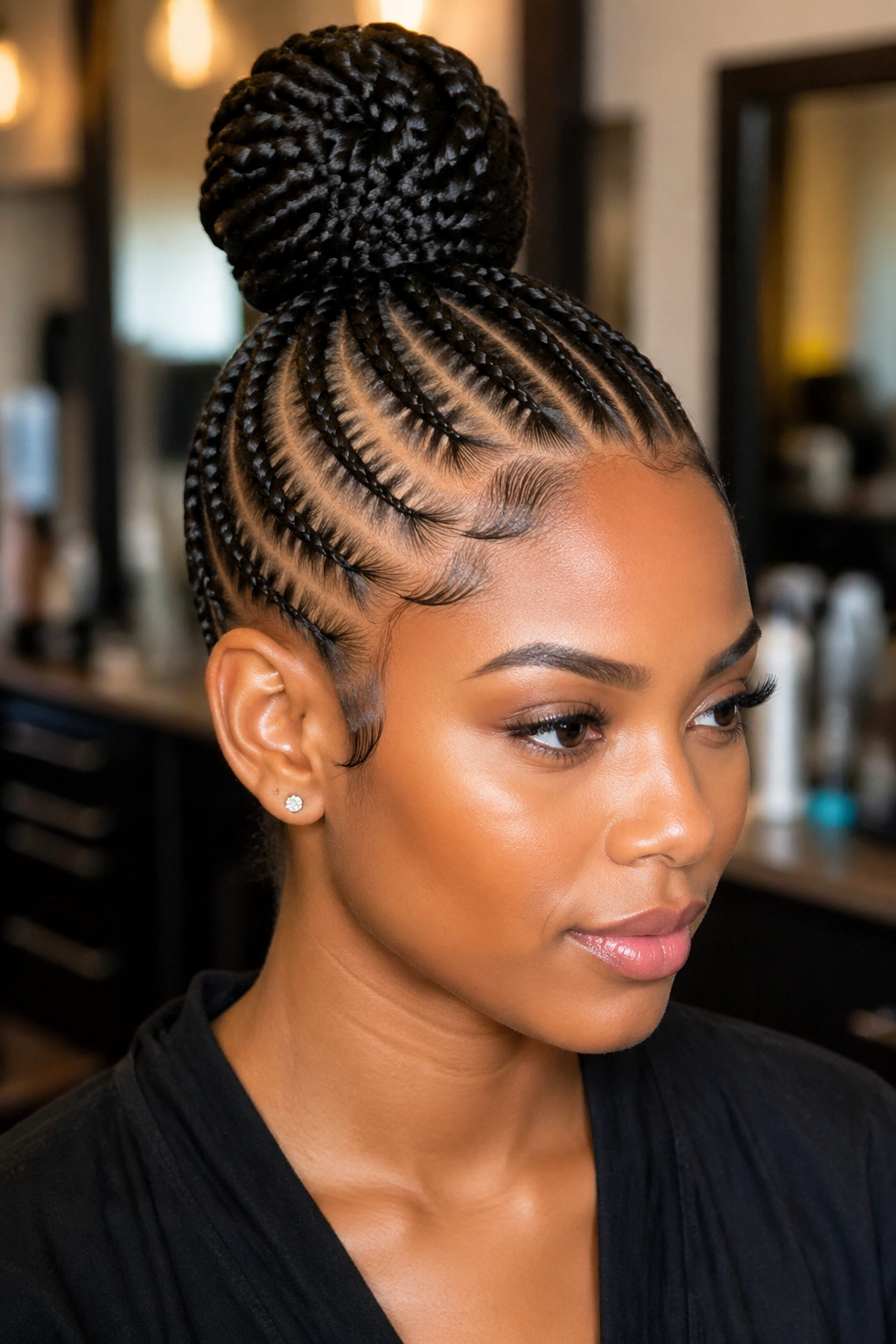 Real person with a high bun created from stitch cornrows at crown
