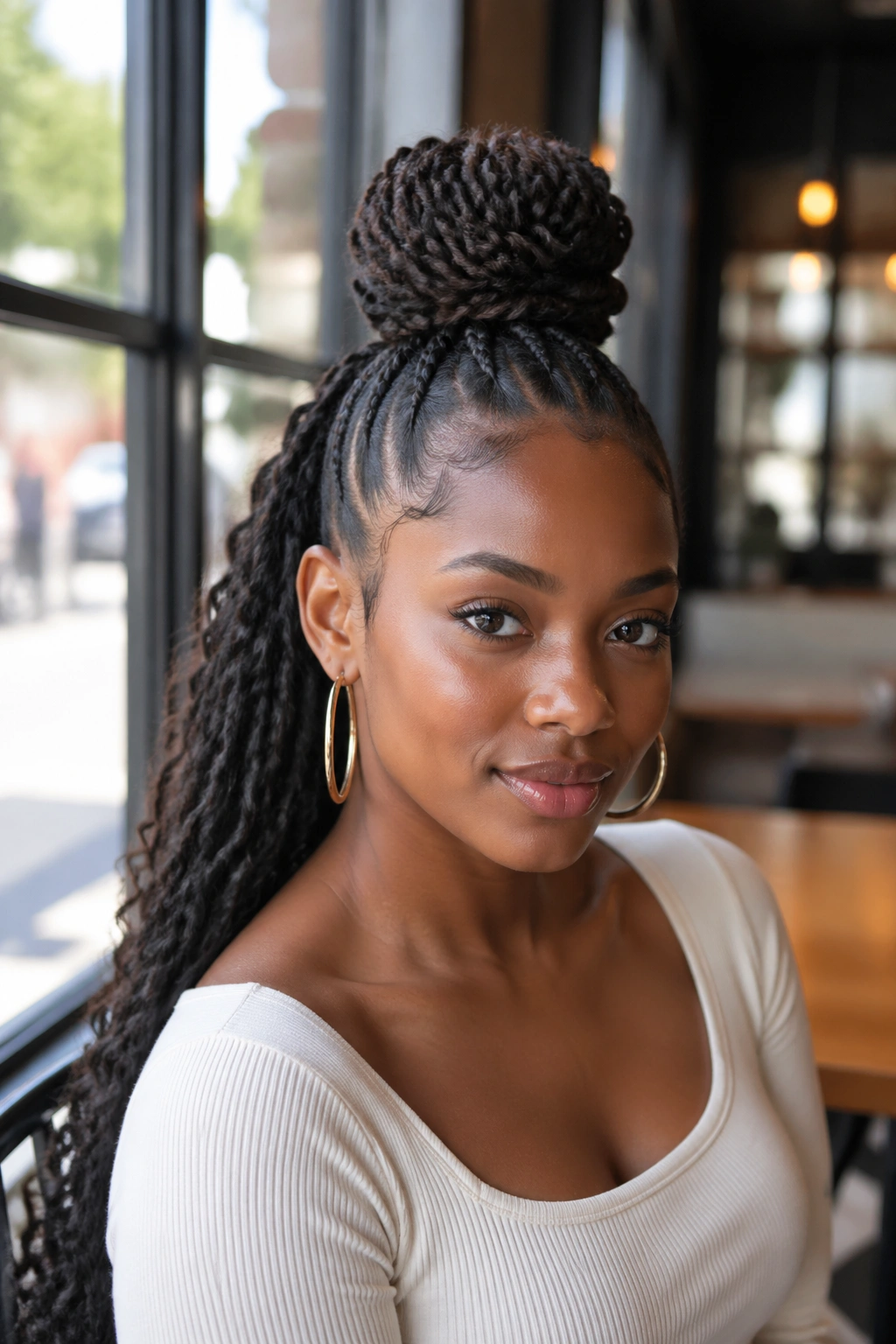 Portrait of a real woman with High Bun-to-Pondo Hybrid hairstyle