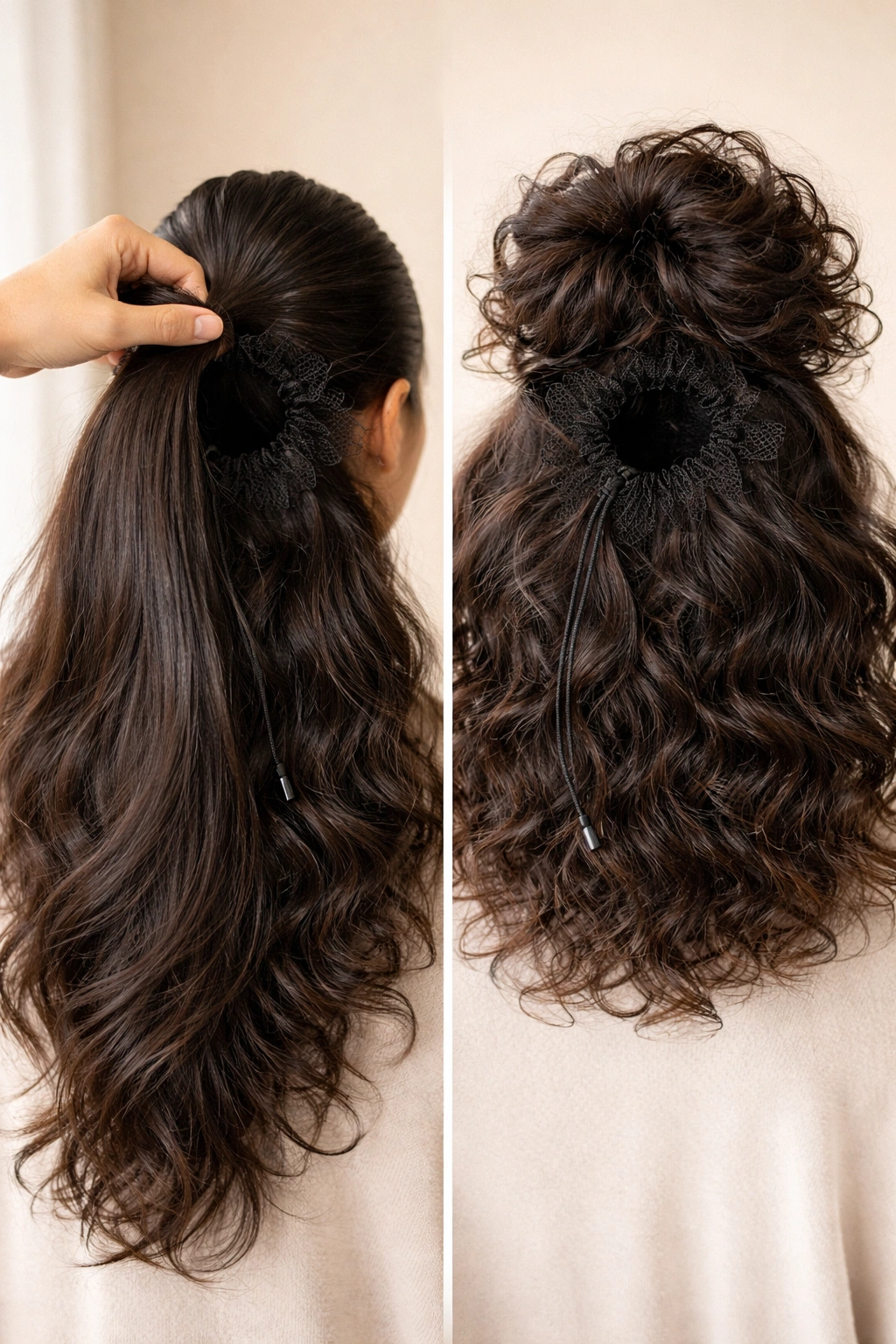 Hybrid extension with center hole forming bun and ponytail