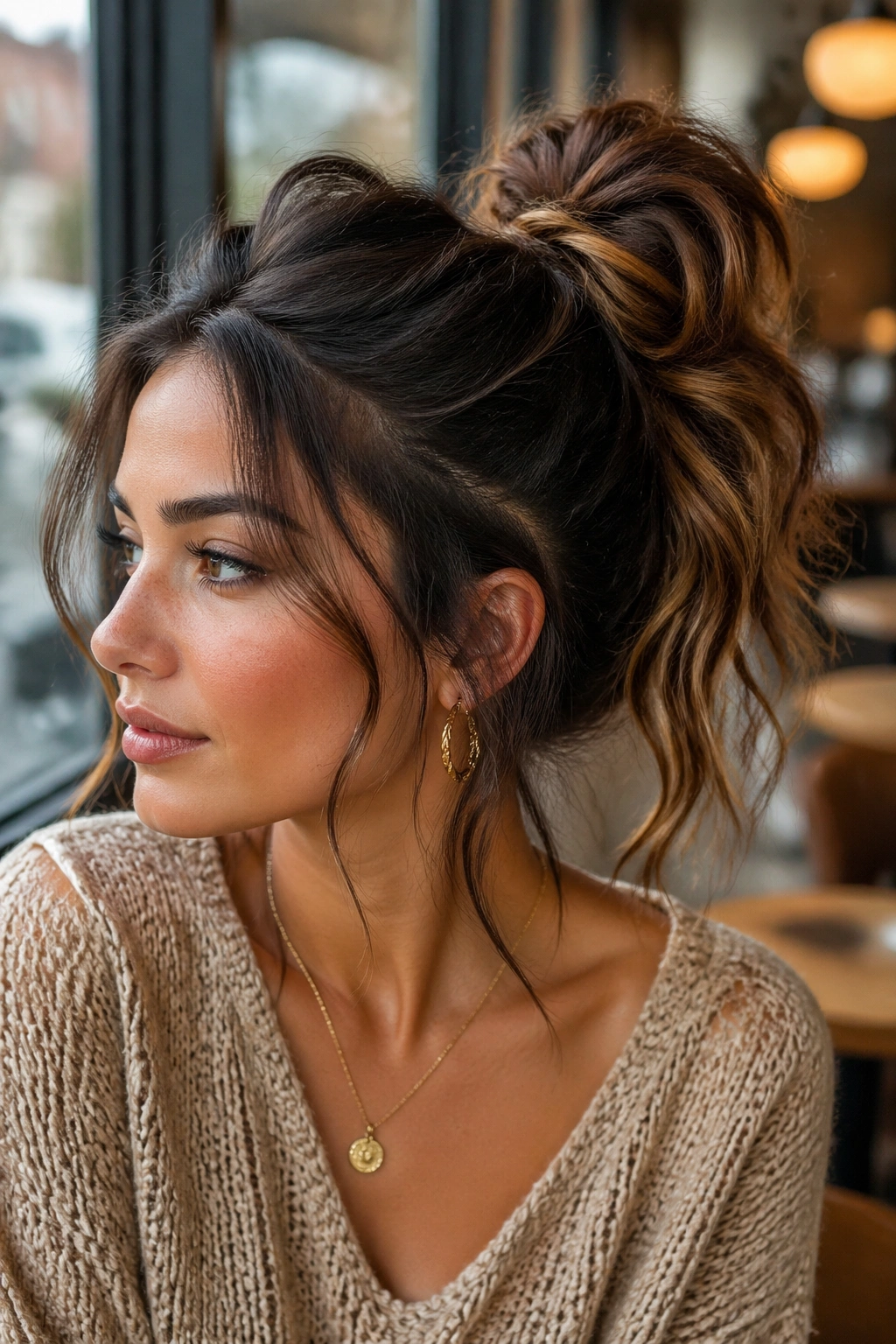 Close-up of a real woman with a bun-ponytail hybrid and wrapped tail
