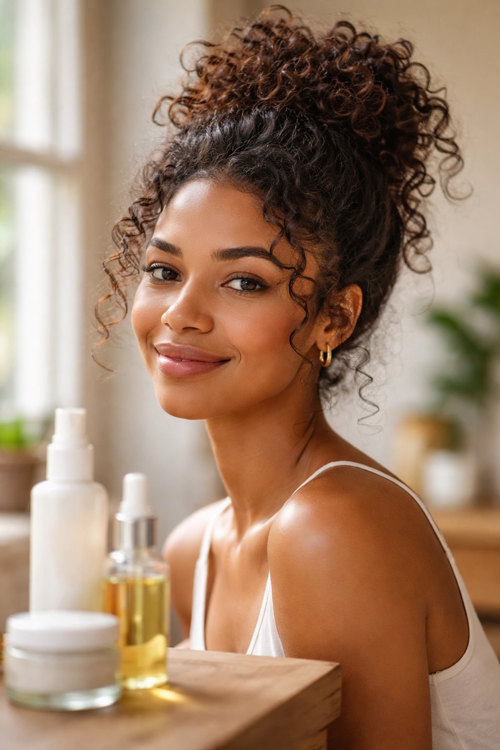 Close-up of a real person’s messy bun with subtle shine from lightweight product.