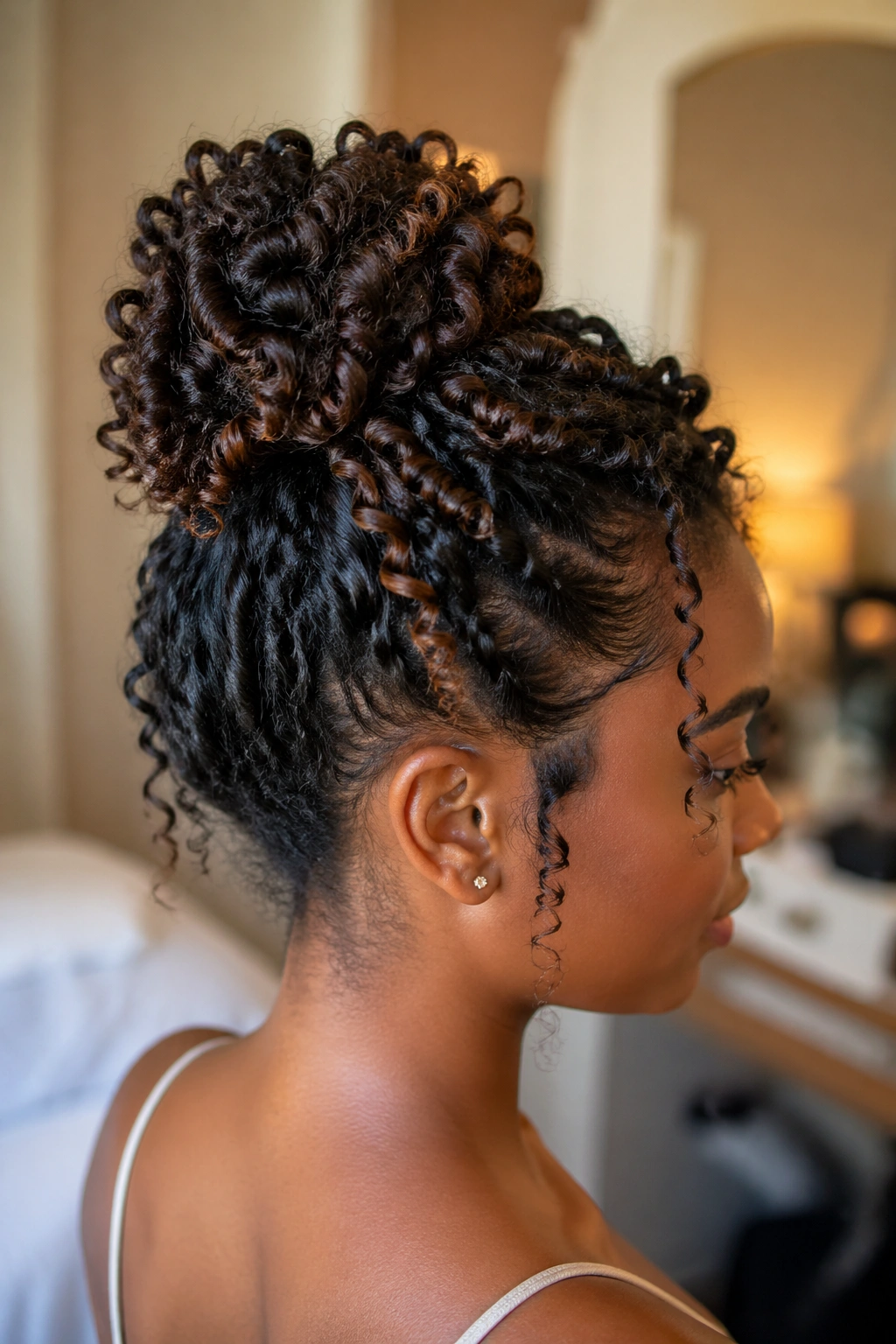 Close-up of rod curls styled into a textured bun on a real person