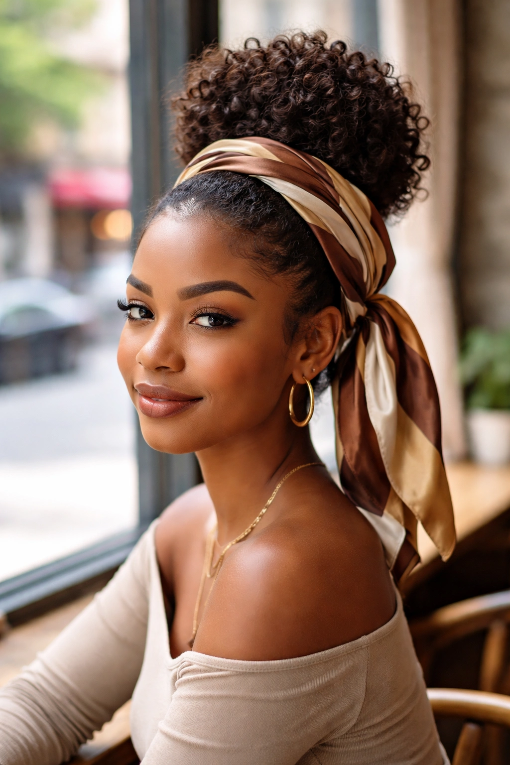 Real woman with satin headwrap accent around bun for chic style.