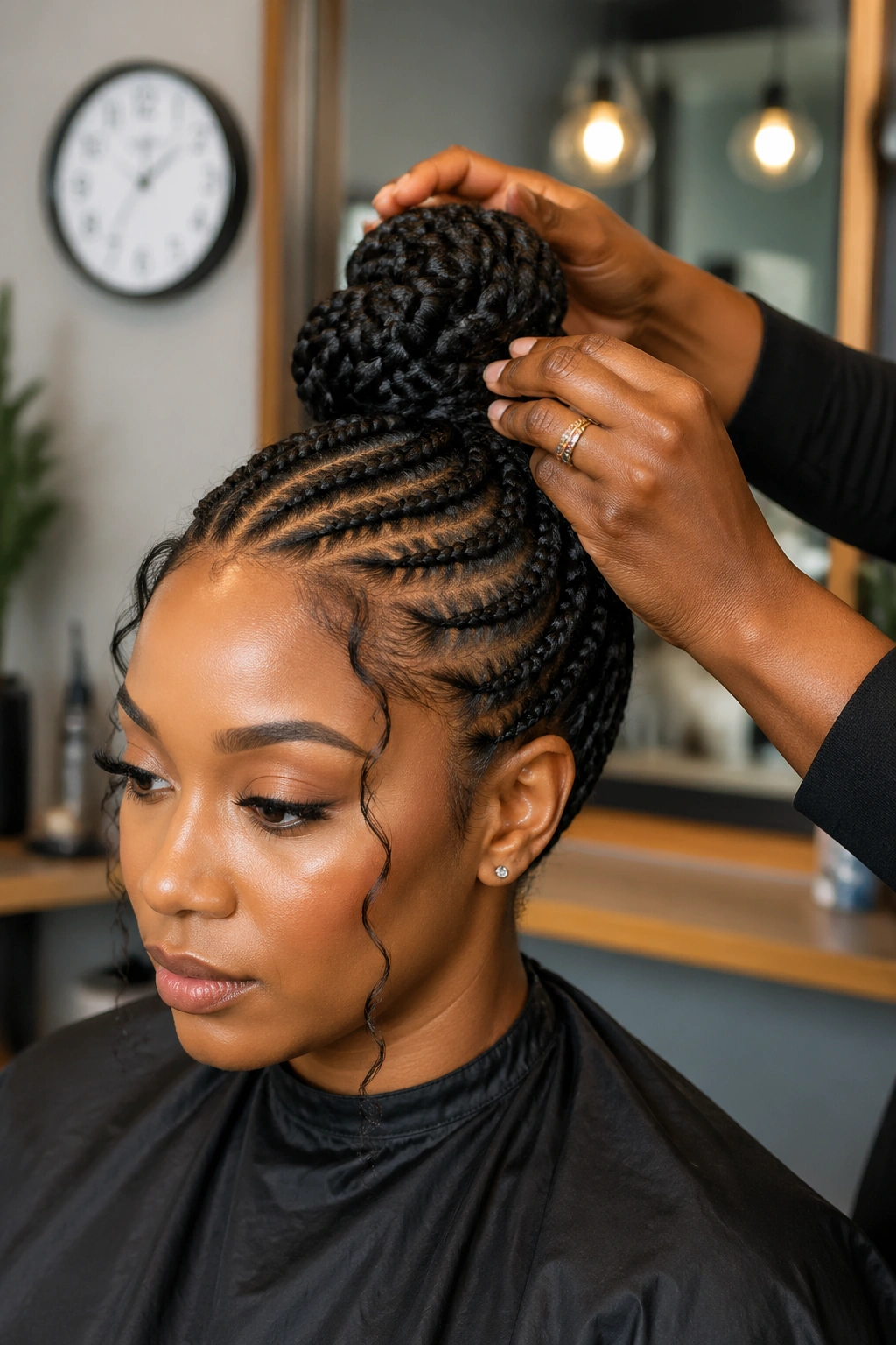 Salon scene focusing on timing and ongoing goddess bun styling with timer in view