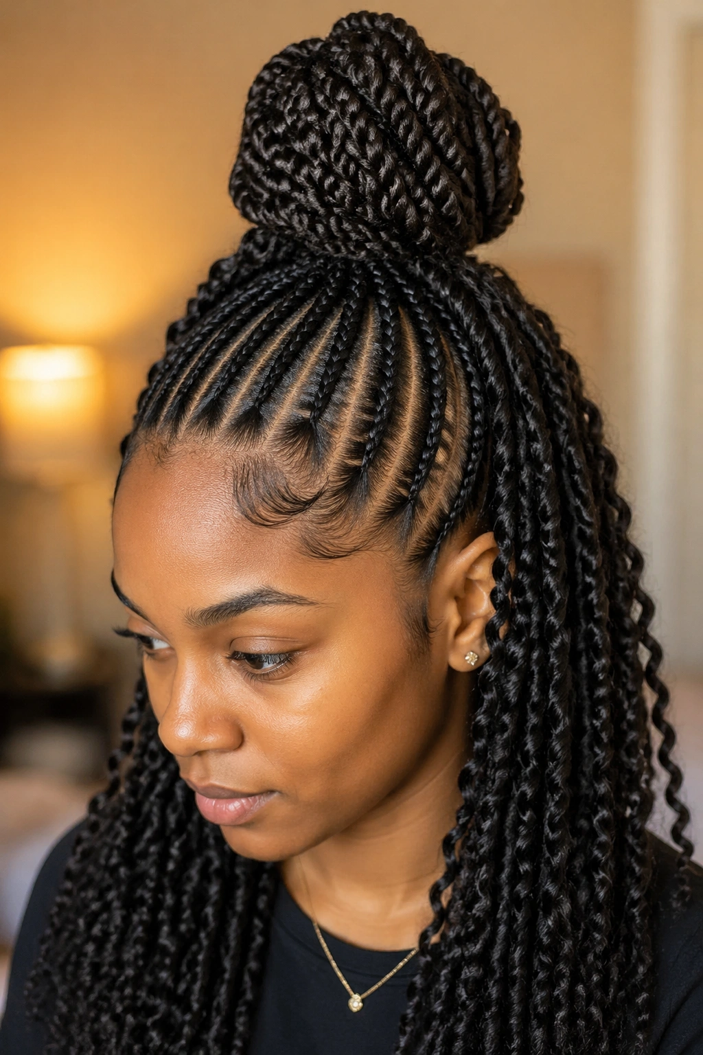 Close-up of a real person with a top bun and flowing passion twists.