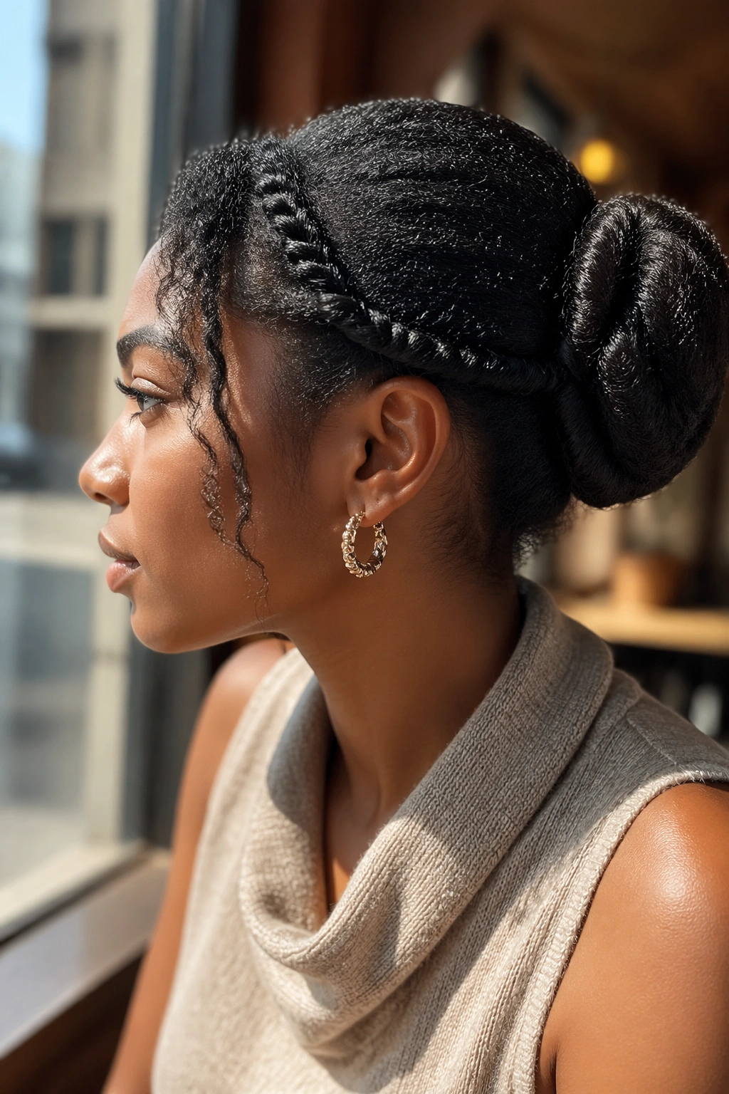 Profile of a real woman with a mid-level ponytail wrapped into a loose bun in a sunlit cafe
