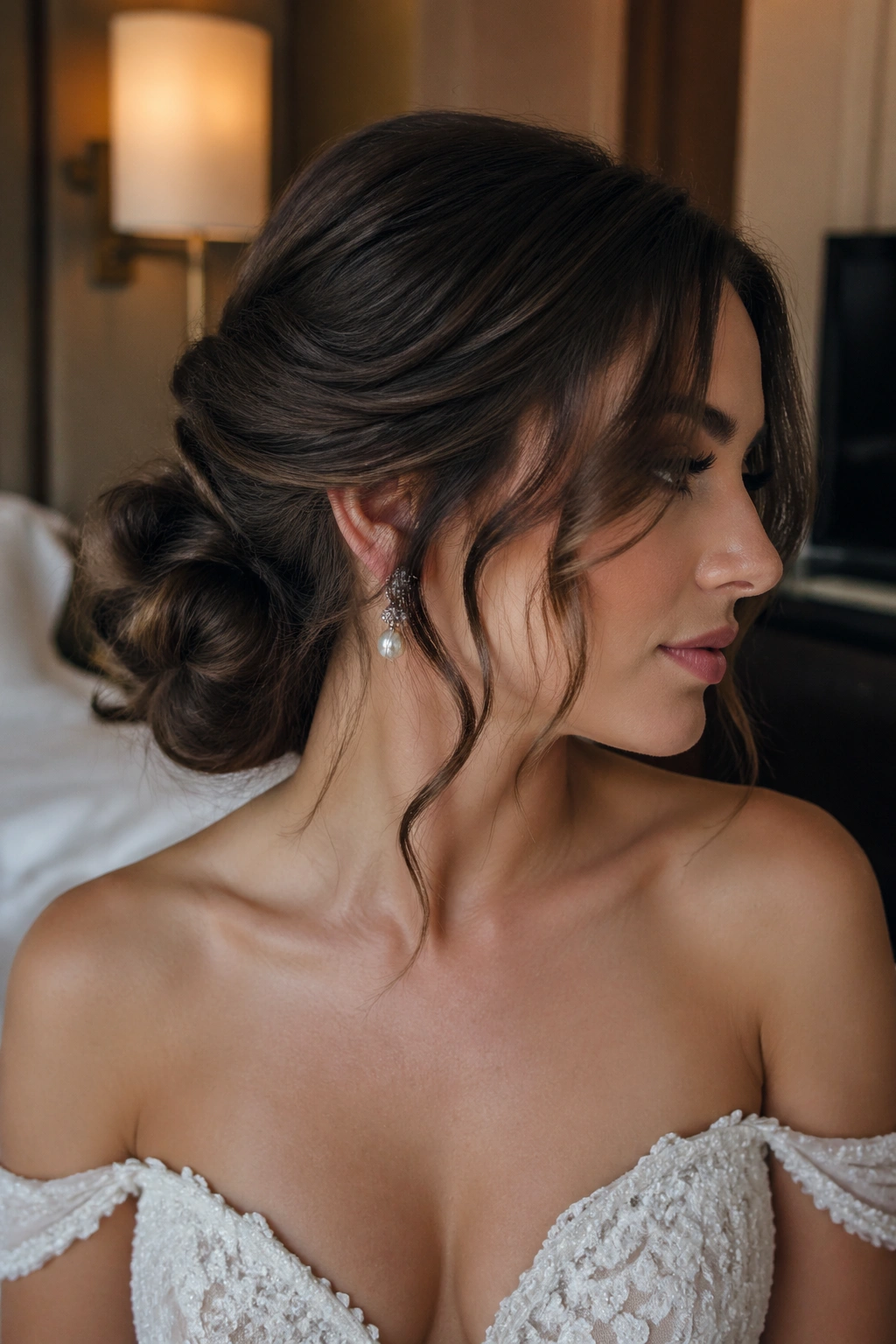 Close-up of a real bride with a low textured bun and face-framing pieces