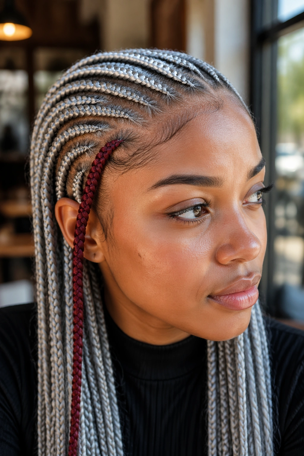 Real person with a single burgundy accent braid among silver cornrows at the temple.