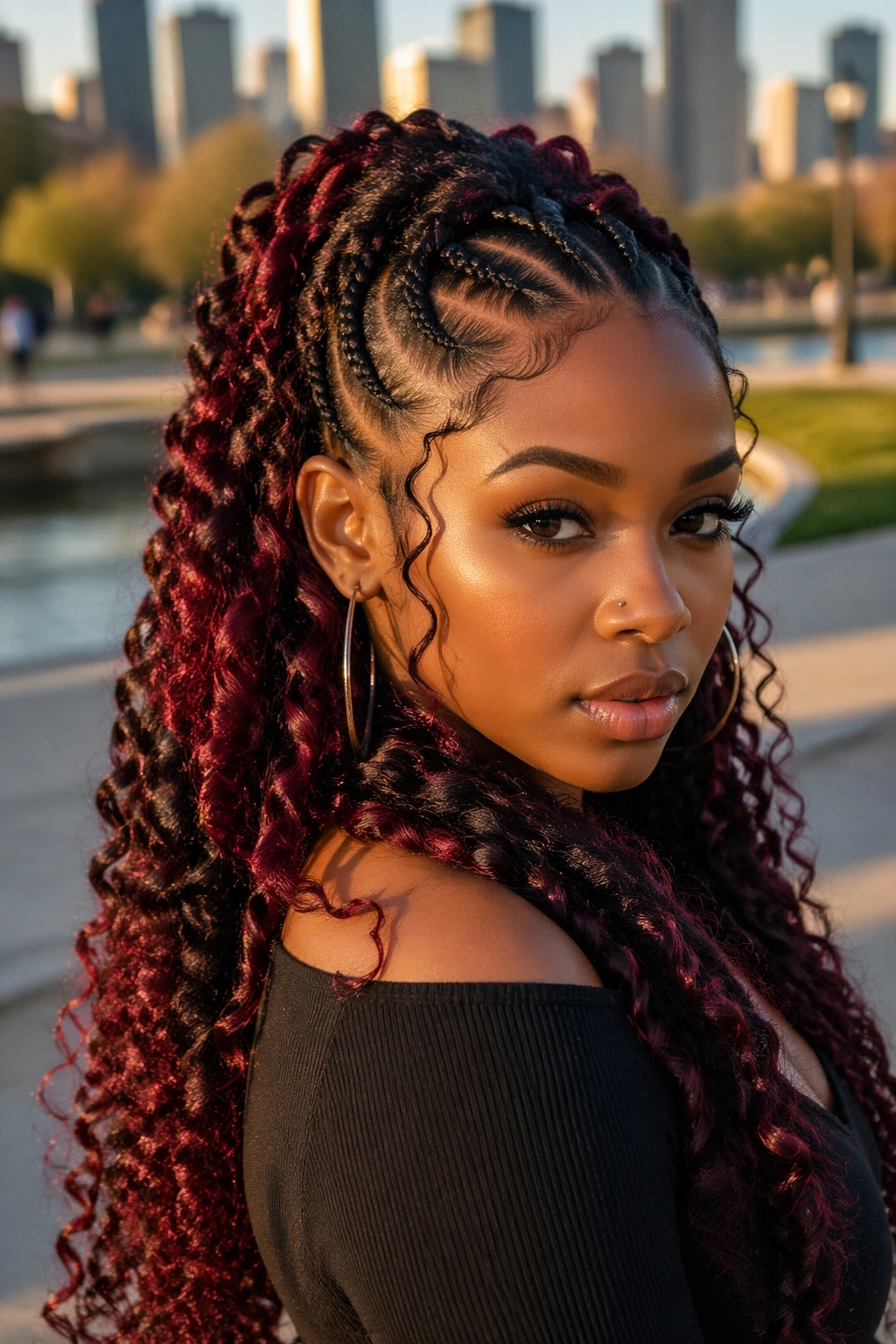 Close-up of burgundy-accented bohemian cornrows on a real woman outdoors