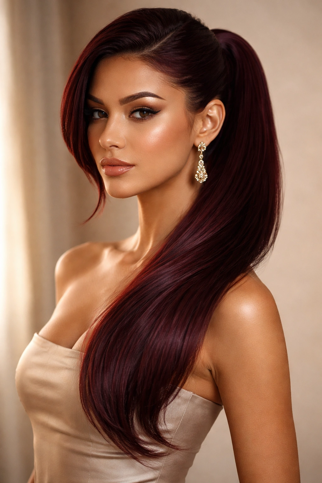 Asymmetrical burgundy ponytail swept over one shoulder in studio light