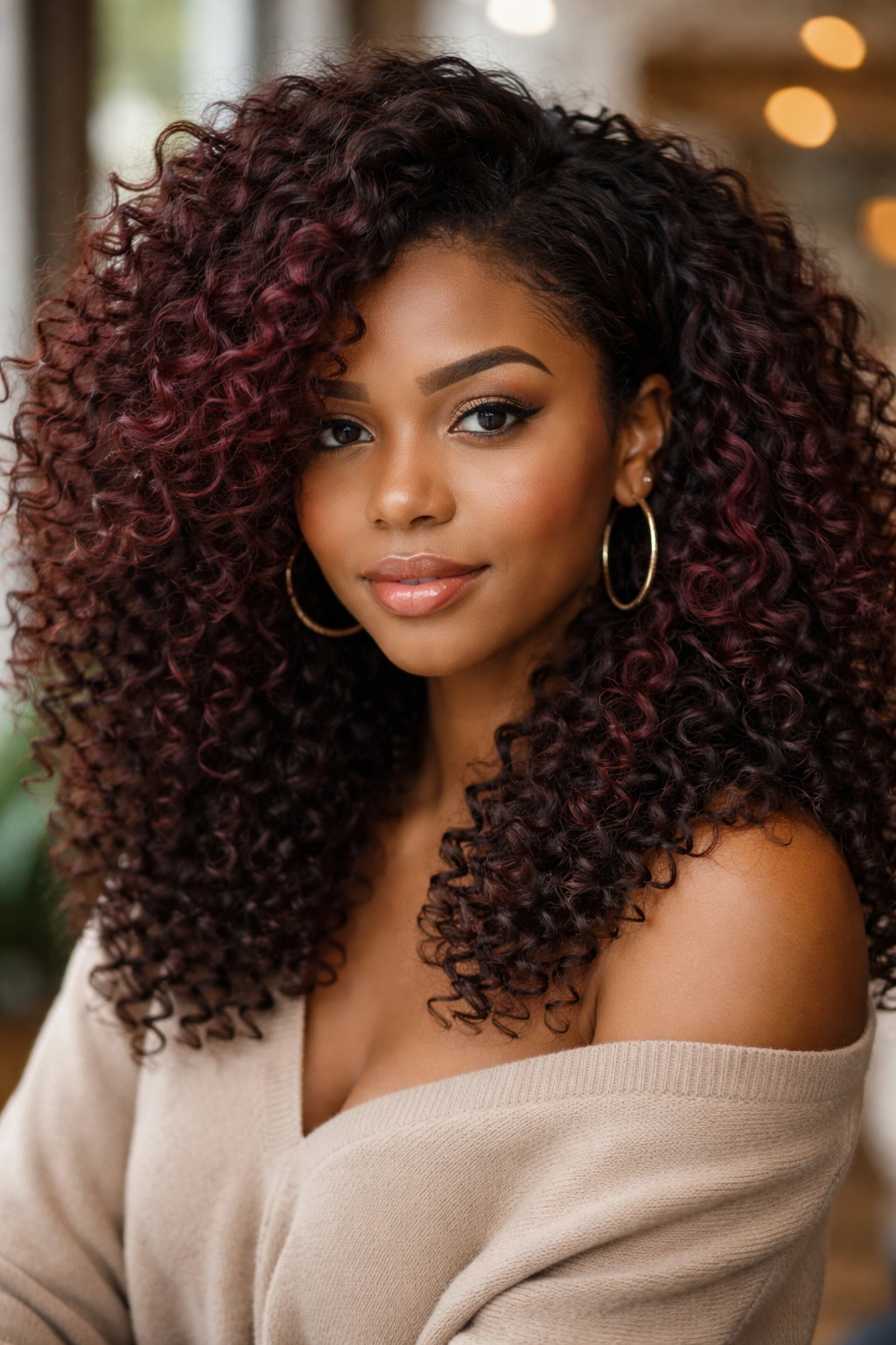 Close-up portrait of a woman with burgundy to dark brown balayage on curls