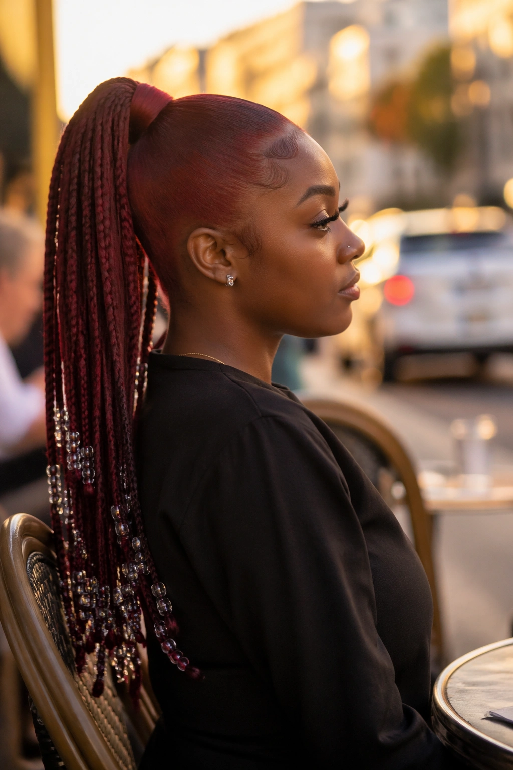 Burgundy ponytail with beaded ends side profile