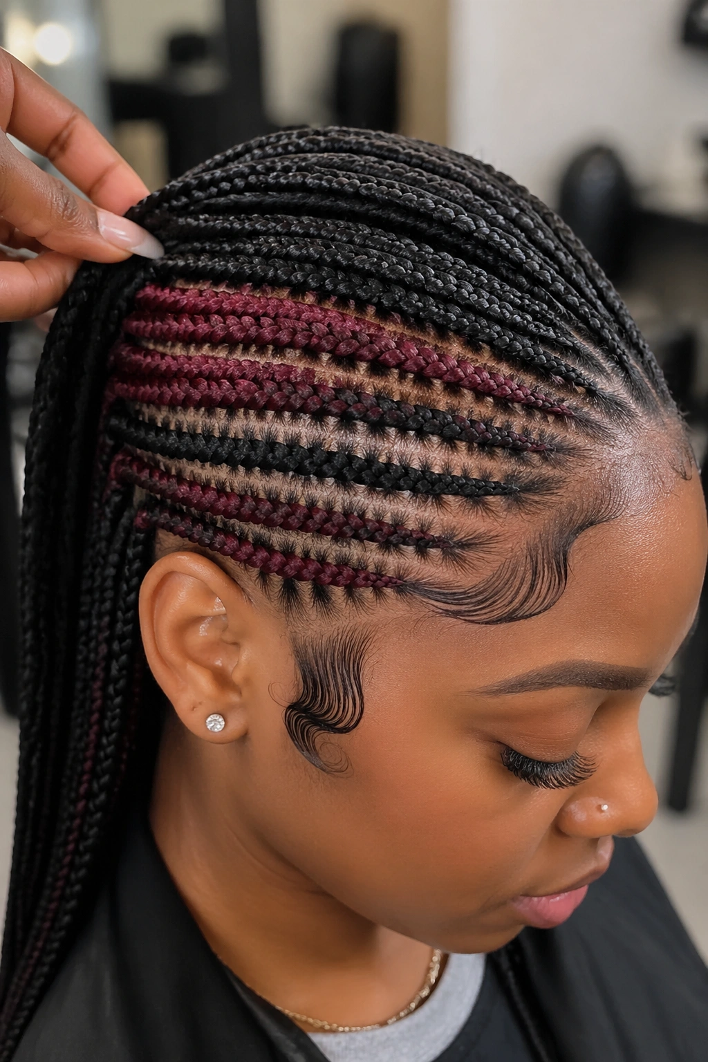 Portrait of a person with black and burgundy underlayer alternating color