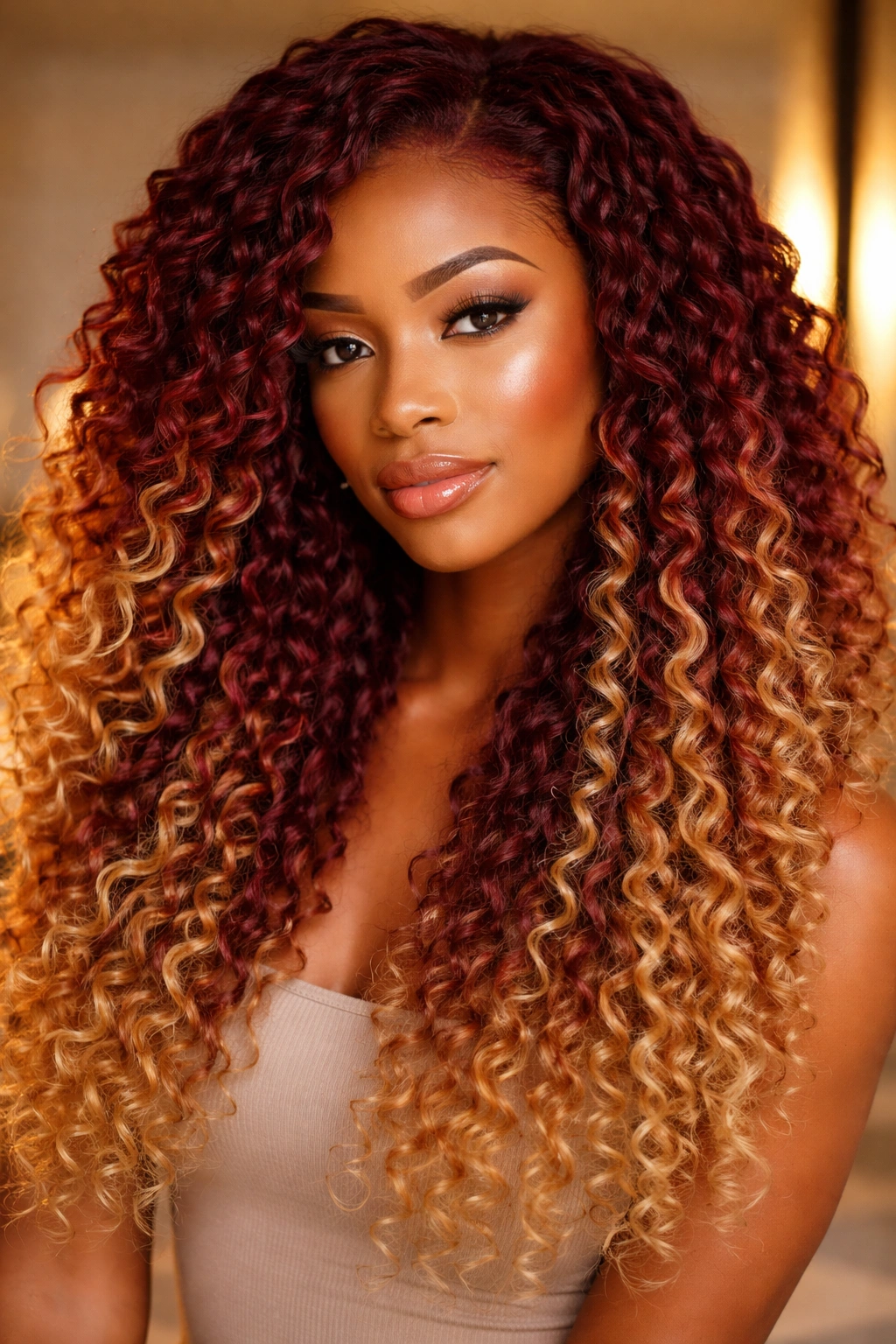 Close-up of real woman with burgundy-to-blonde ombre on curly hair
