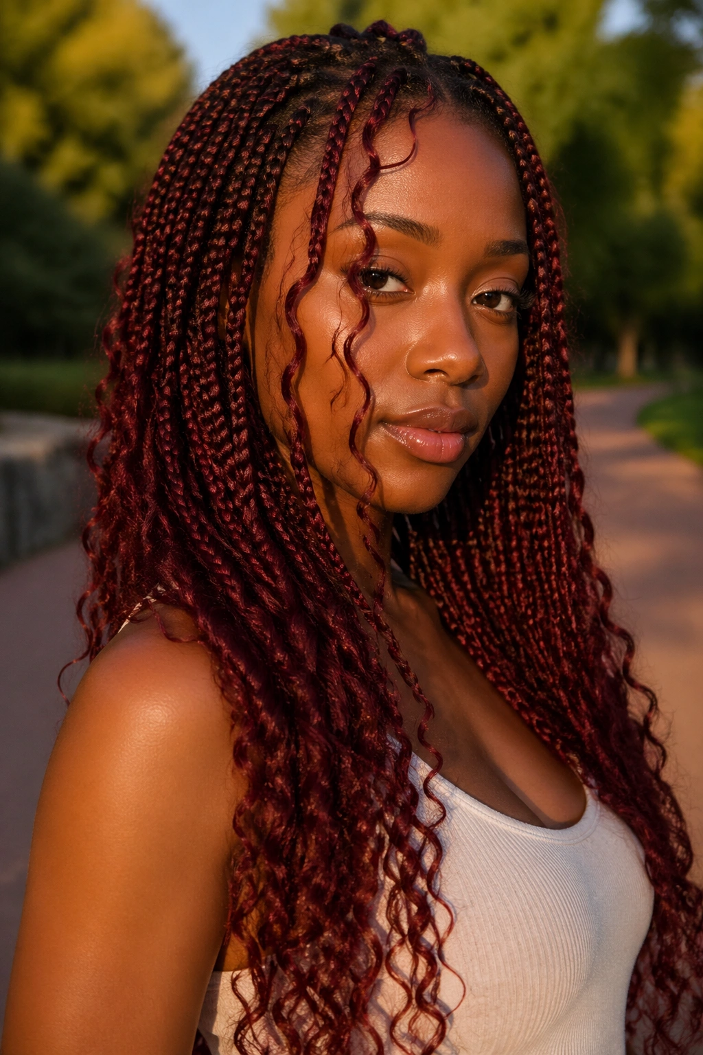 Portrait of a woman with burgundy long boho box braids in golden hour light outdoors