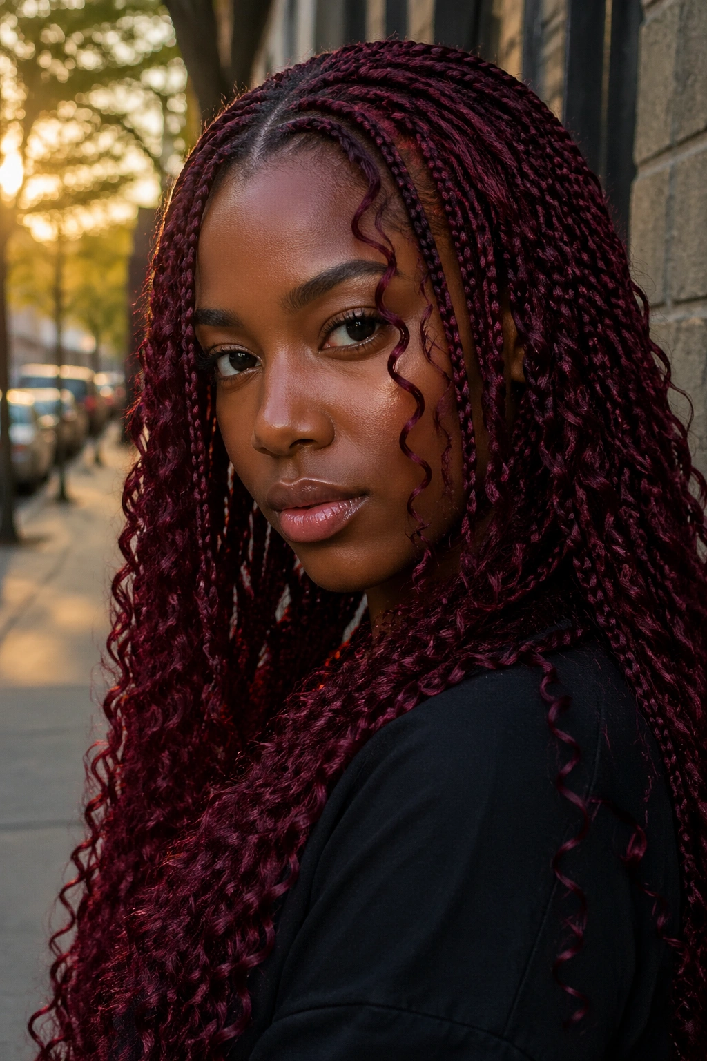 Close-up of a real woman with burgundy boho box braids in golden hour light