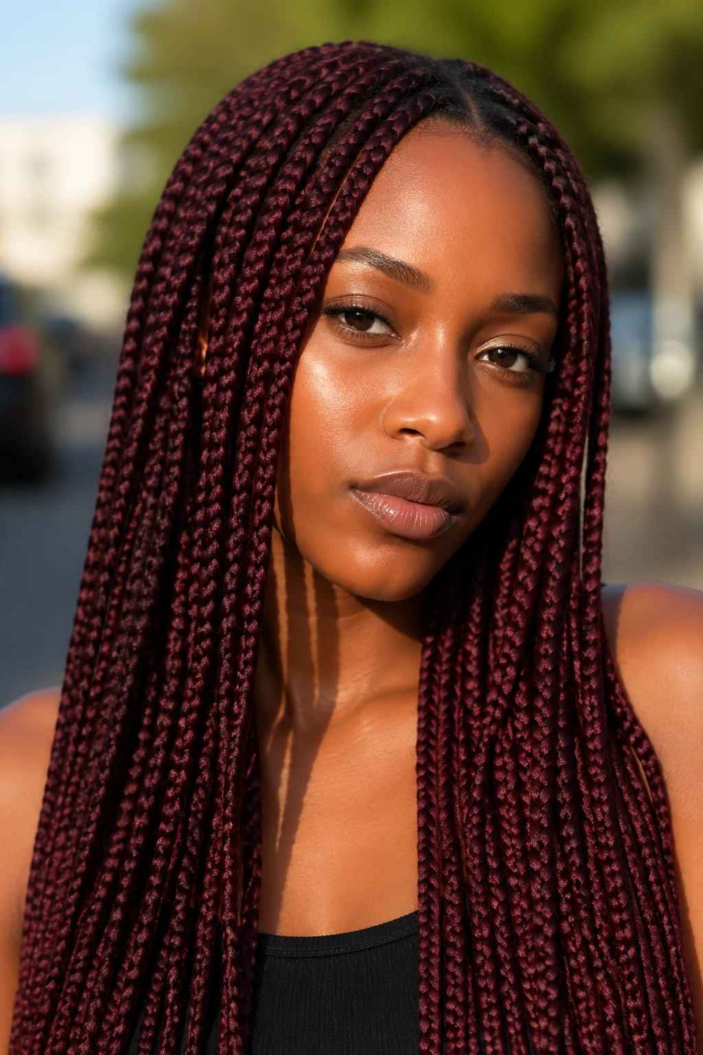 Portrait of a real woman with burgundy long box braids in natural sunlight