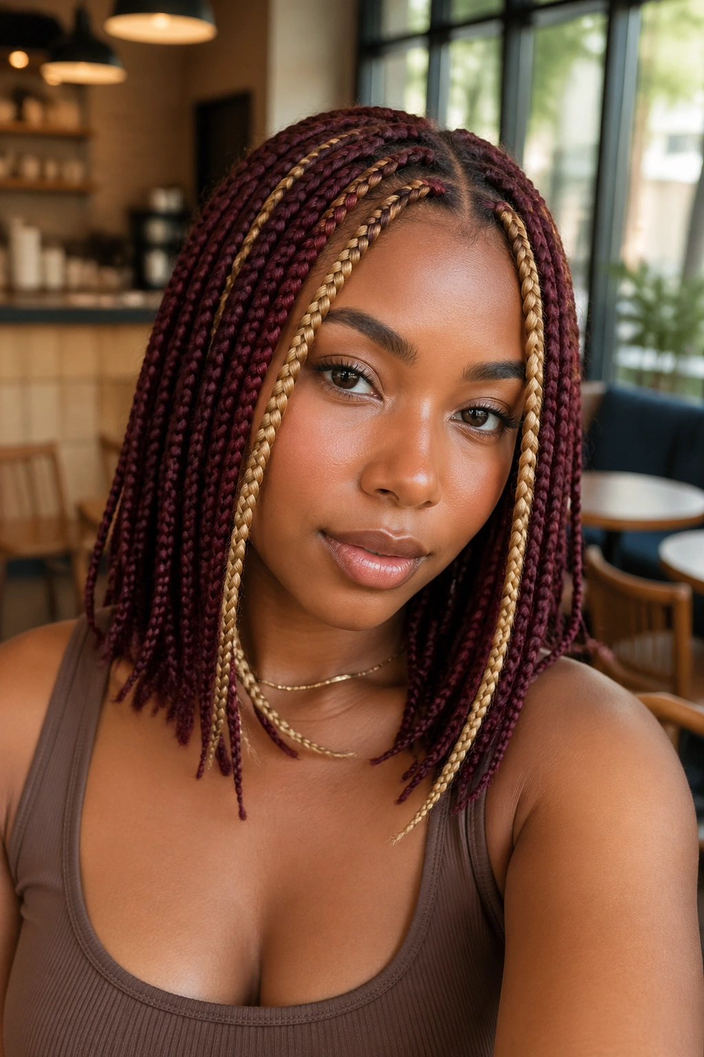 Real woman wearing burgundy box braids with blonde money pieces