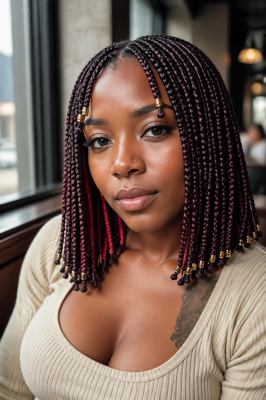 Close-up of a woman with burgundy peekaboo box braids and blunt lob