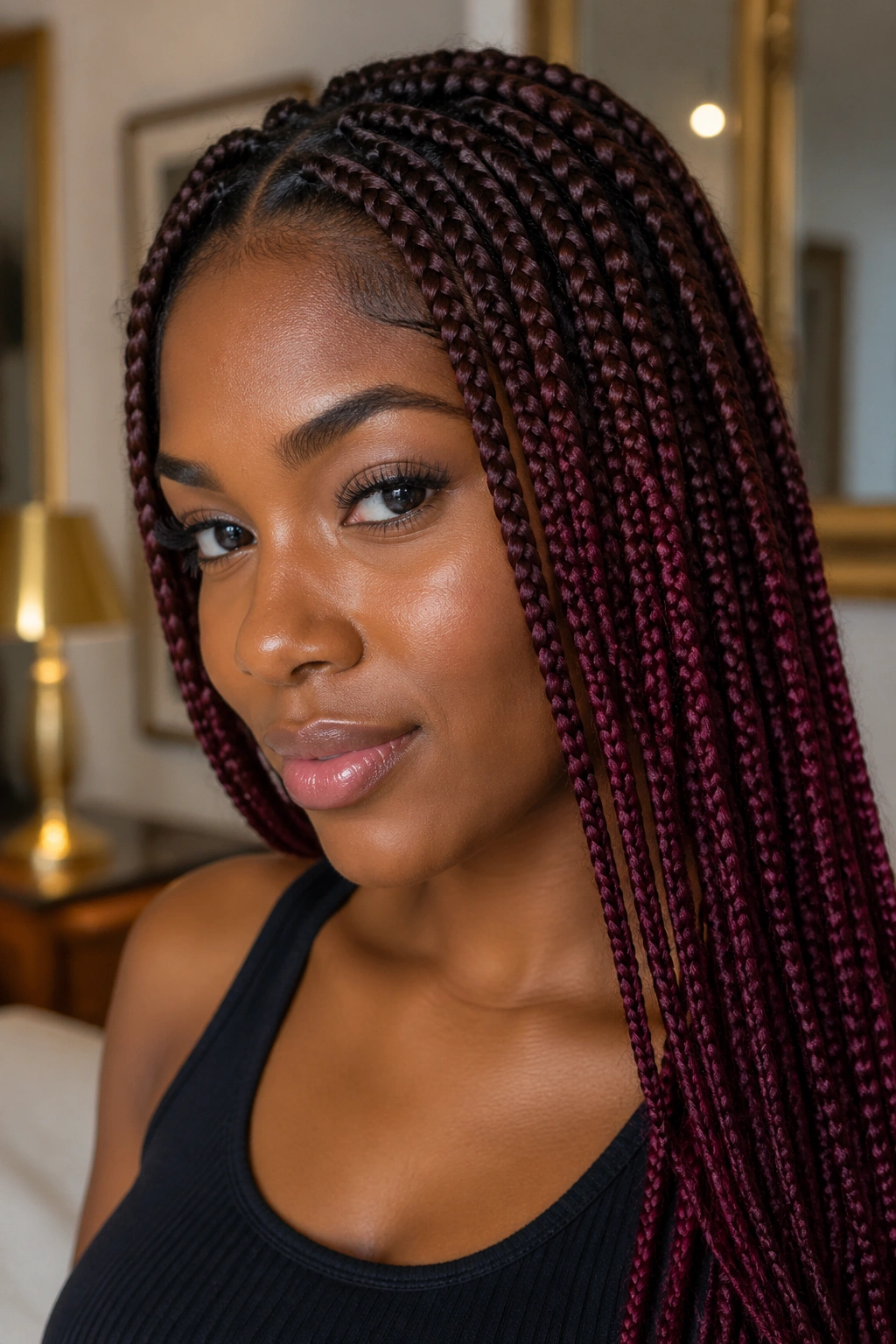 Close-up of a real woman with burgundy box braids brown root melt
