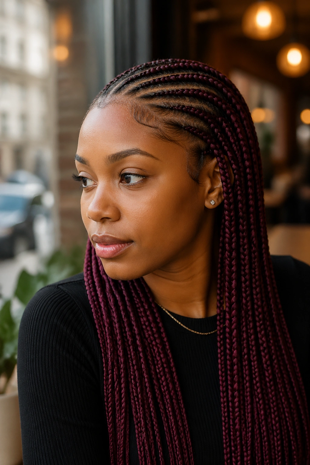 Portrait of a real woman with burgundy box braids and natural cornrows