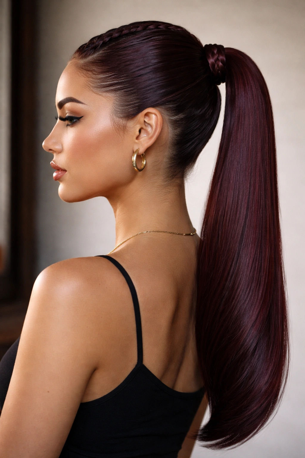 Burgundy ponytail with braided base and clean straight tail