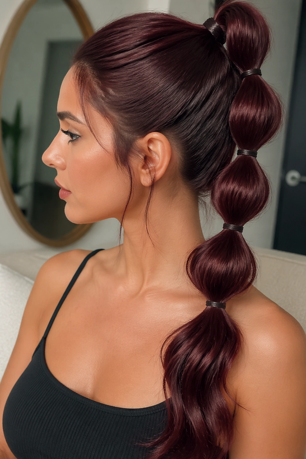 Real woman with burgundy bubble ponytail showing four sections