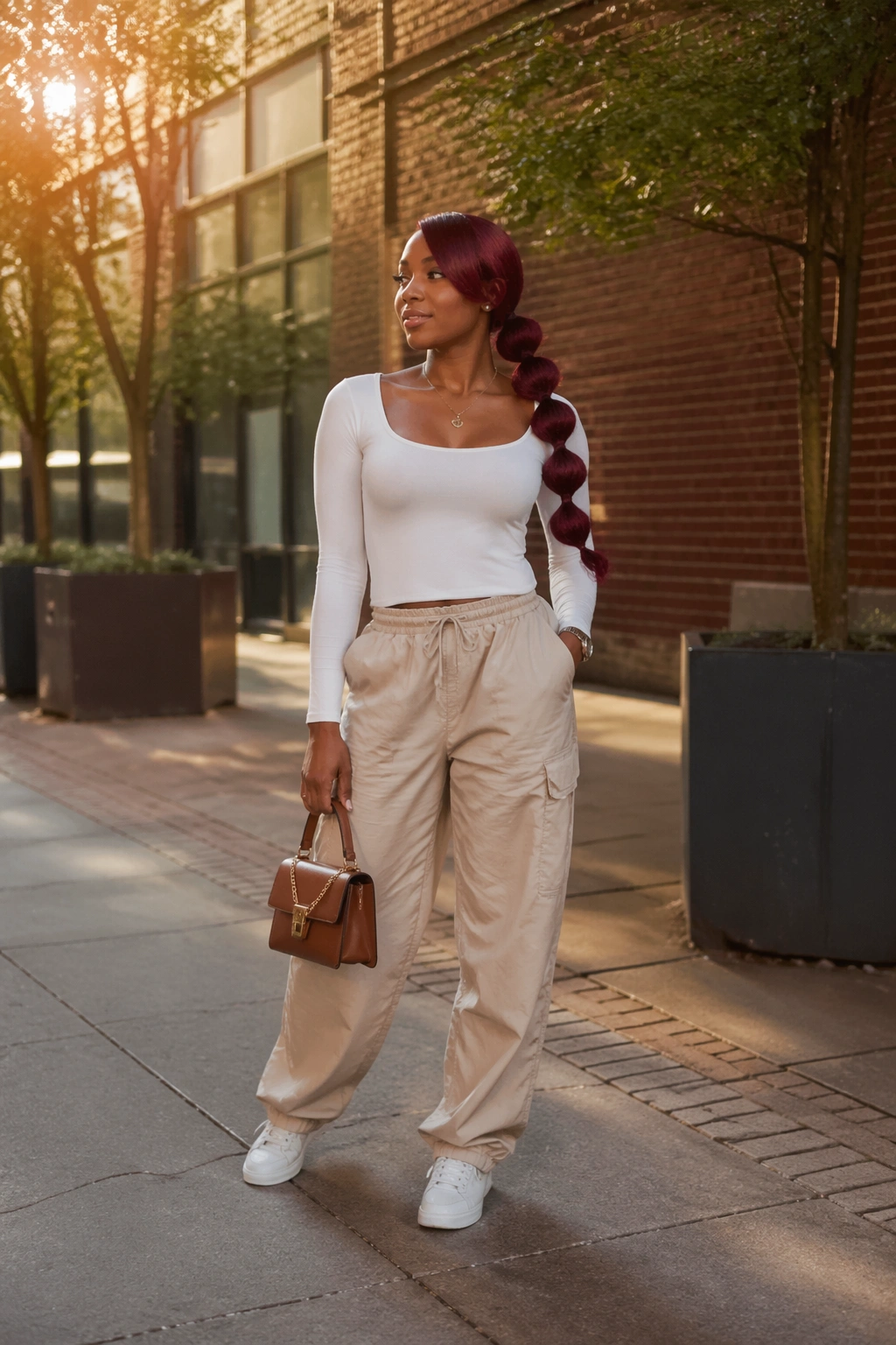 Full-body outdoors burgundy side-swoop bubble ponytail.