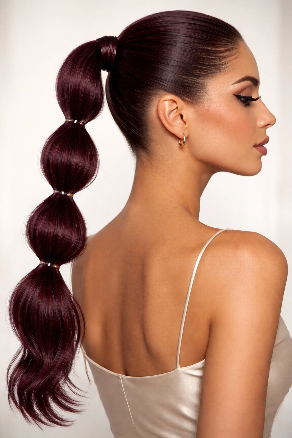 Burgundy bubble ponytail with six even bubbles along the length