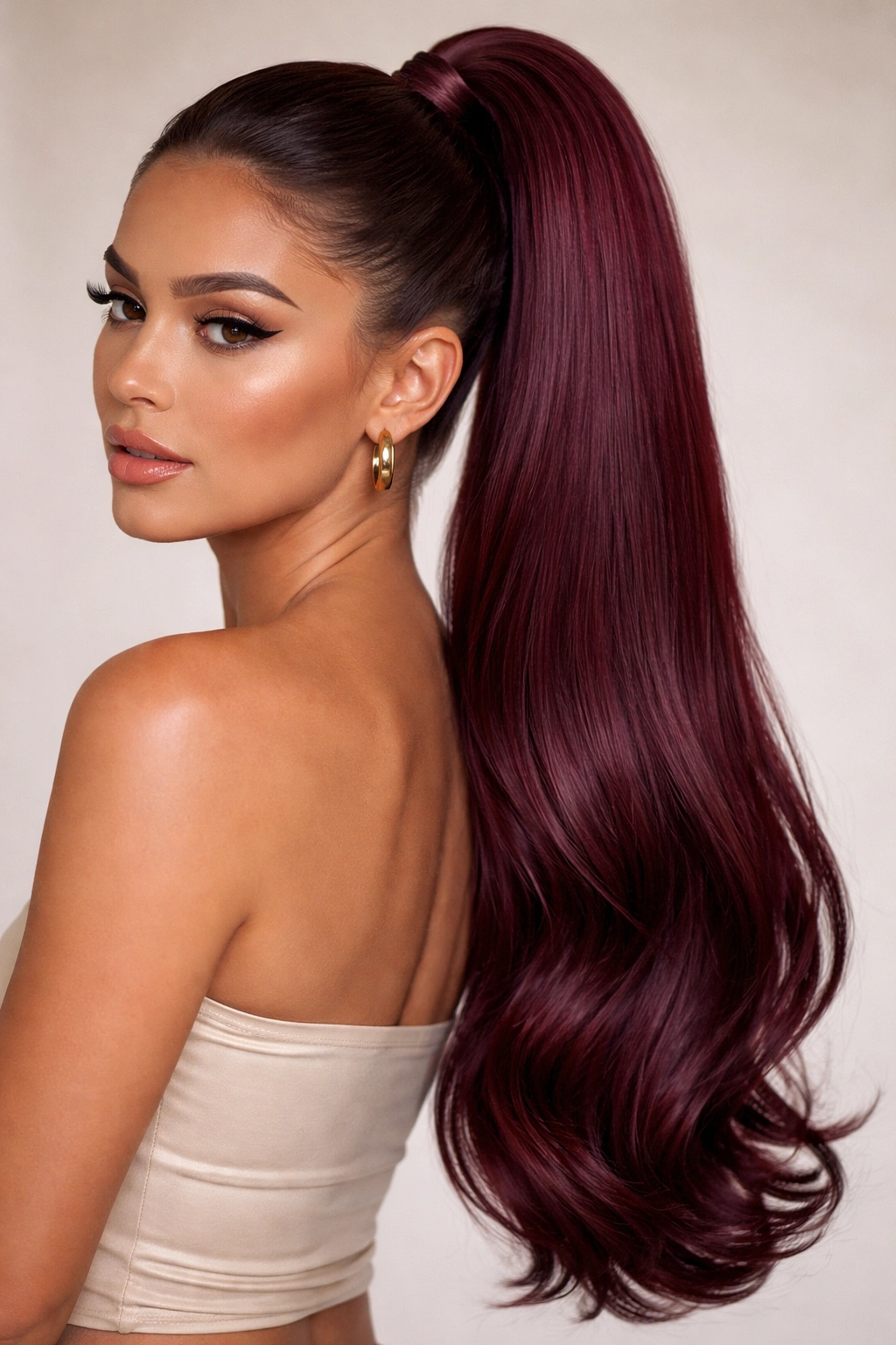 Clip-in burgundy ponytail blended with natural hair in a studio