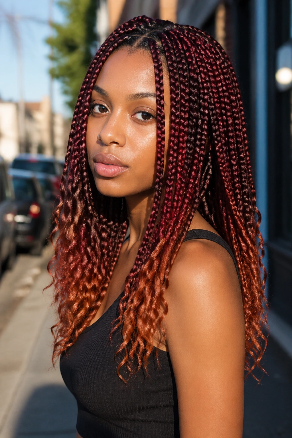 Knotless braids burgundy roots fading to copper ends on real person